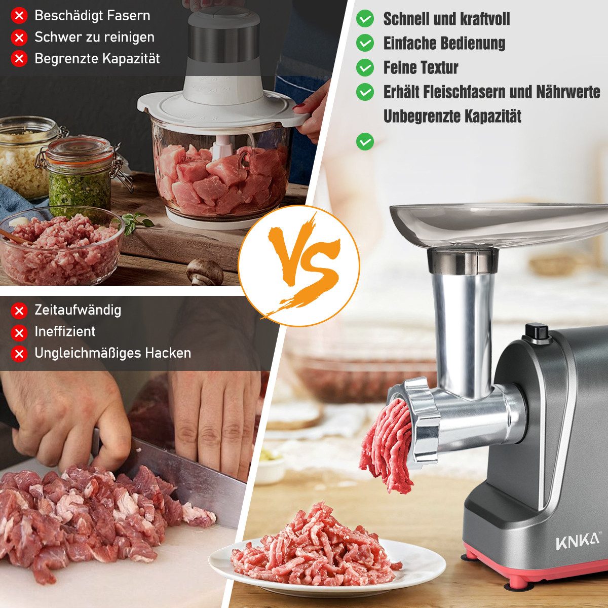 KNKA PRO Fleischwolf Elektrischer Fleischwolf mit Wurstfüller, 3 Lochscheiben (4, 6, 15mm), Vor-und Rücklauf, 2 Leistungsstufen, für Fleisch, Kebbe, Gemüse, Salat