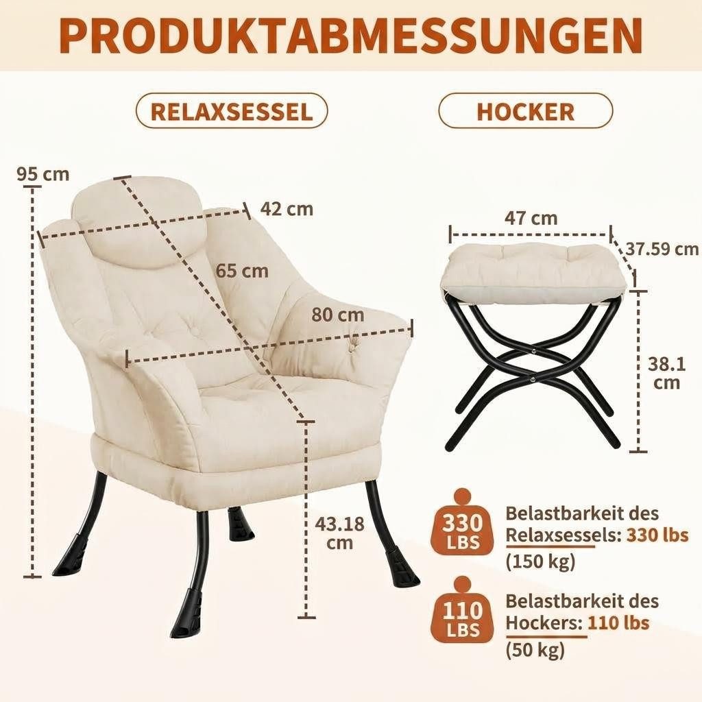 GarveeMore Ohrensessel Relaxsessel mit Hocker Ohrensessel Polstersessel Faulsessel – Bild 3 von 5