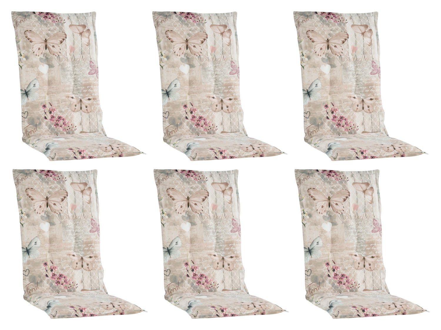 GO-DE Hochlehnerauflage BUTTERFLY, B 50 x L 120 cm, Beige, Rosa, 6er Set, (Set, 6 St), Gartenstuhlauflagen für Hochlehnstühle