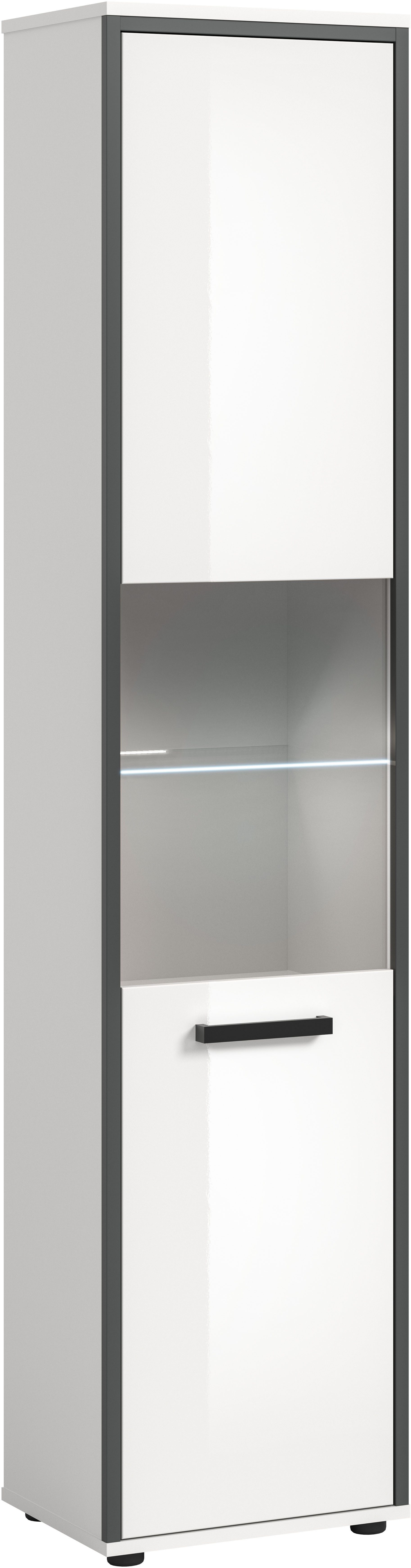 Hochschrank KAJO, hochglanz Front, inkl. Beleuchtung, Glastür, 6 Fächer