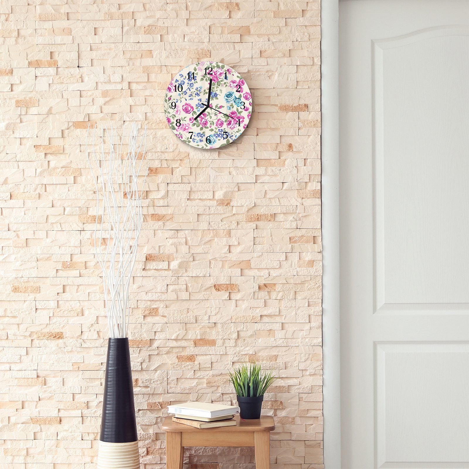 Rosenhintergrund mit Glas 30 Primedeco Motiv Durchmesser - aus mit Rund Wanduhr und Wanduhr cm Quarzuhrwerk