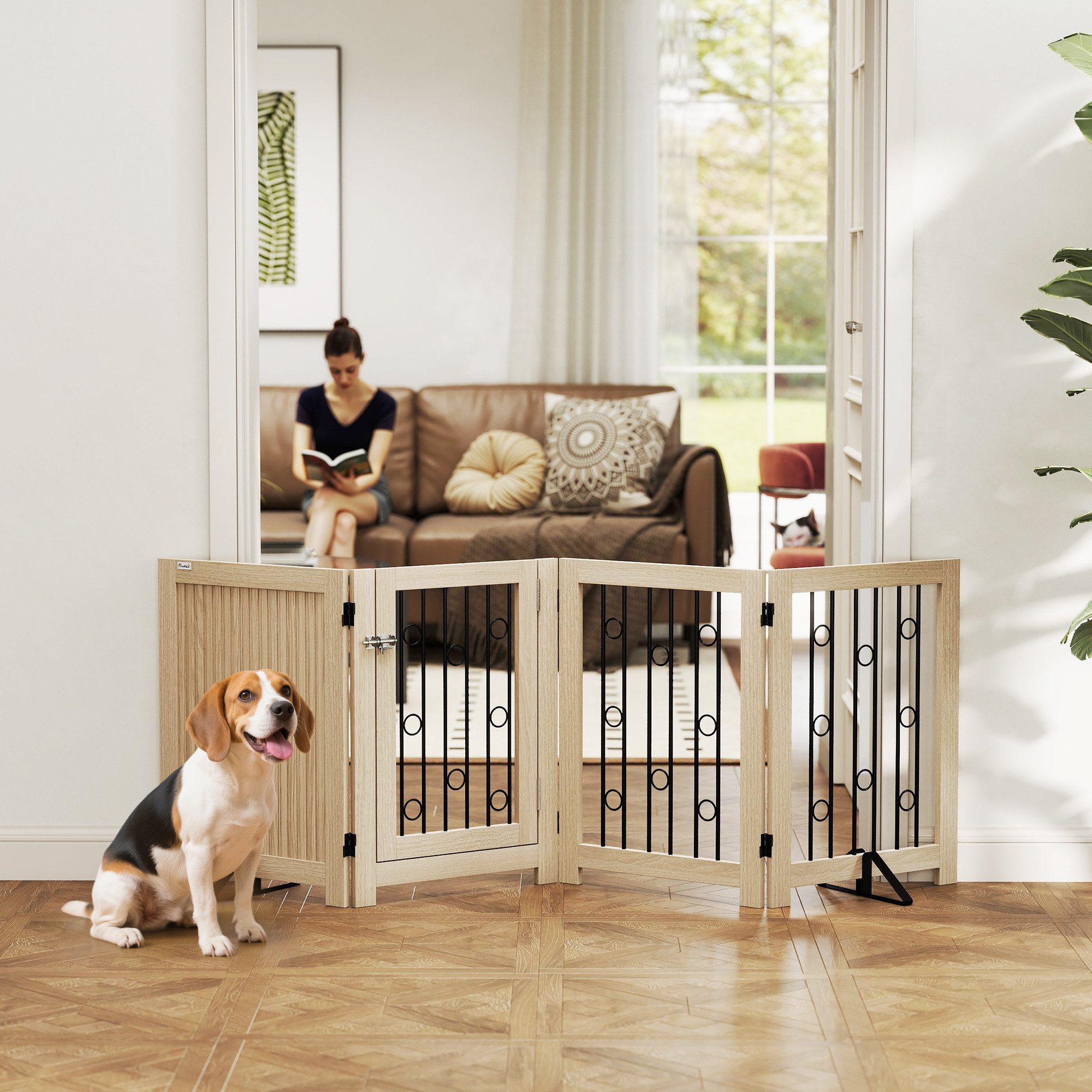 PawHut Hundegitter mit Tür, 4 Paneele (Klappbar Absperrgitter, 1 St., Freistehendes Schutzgitter), für Flur, Treppe, Türrahmen, 205 x 30.5 x 70 cm, Eiche