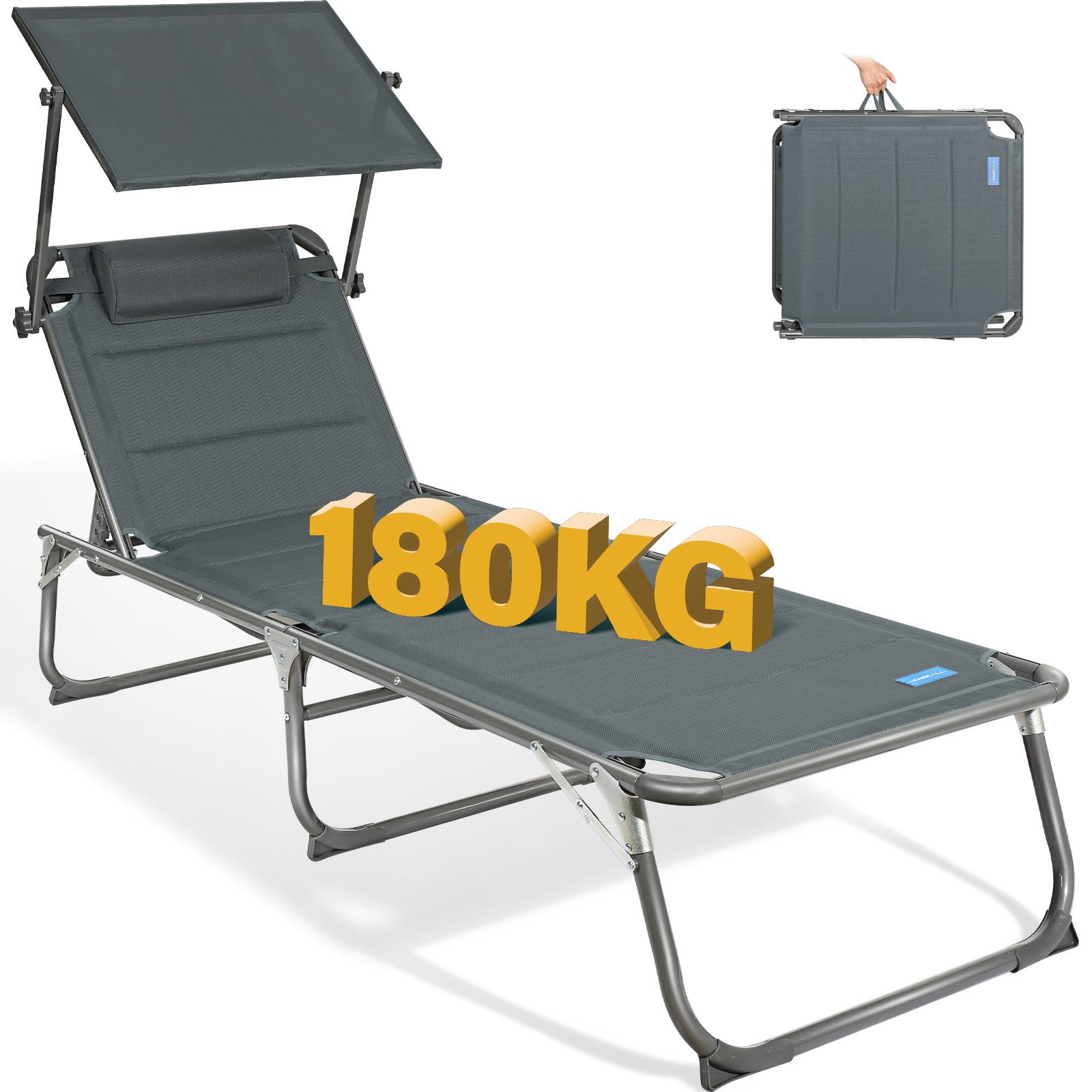 HOMECALL Gartenliege Sonnenliege AluLiege Liegestuhl Strandliege Liegen, klappbar, Textilene Mit Dickem Schwamm, Verstellbare Rückenlehne, Sonnenblende, Kopfpolster, bis 180KG