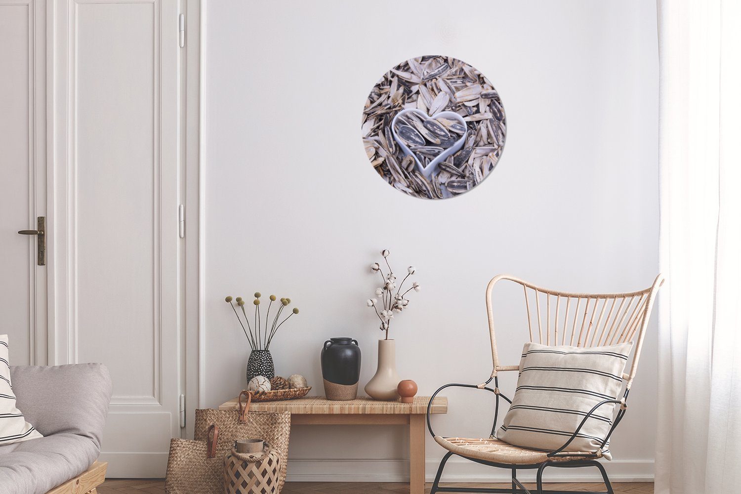 30x30 Wandbild, Wanddekoration Rundes den zwischen Kernen, St), cm Wohnzimmer, Sonnenblumenkerne Aussehen einem Kreis Gemälde Forex, MuchoWow herzförmigen (1 mit