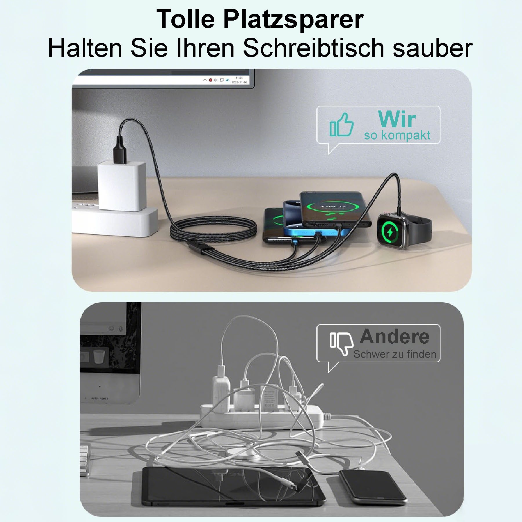 Senmudi Multi Ladekabel 4 in 1 für apple watch Ladegerät Thunderbolt-Kabel, 1.2M Universal Kabel, SchnellLadekabel, Type-c, Micro-USB, für iPhone 16/15/14/13/12/11/iPad/Airpods/iWatch Serien