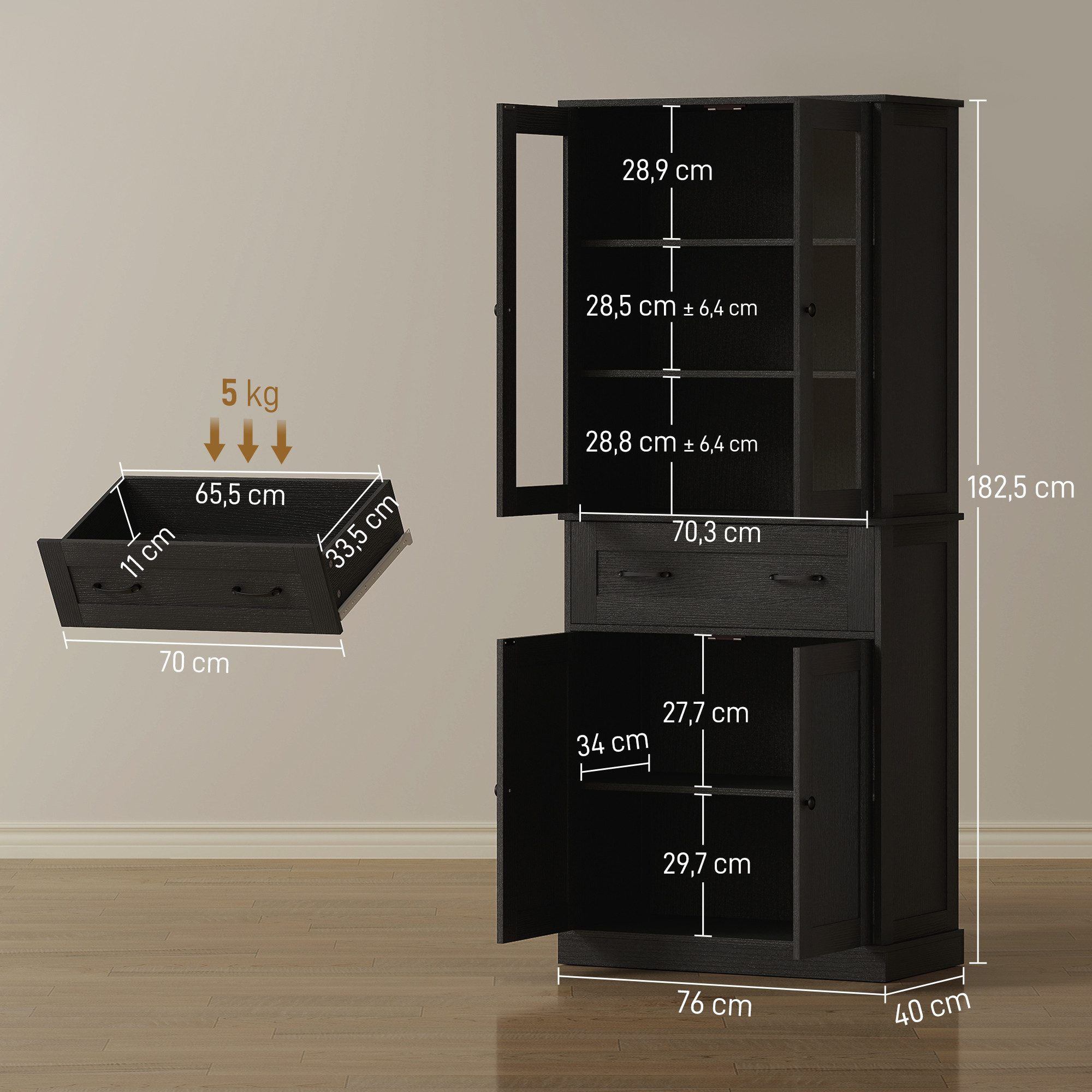 HOMCOM Hochschrank Küchenschrank Buffetschrank mit 2 Schränken, Acrylglastüren (Vitrinenschrank, 1-St., Hochschrank) für Küche, Esszimmer, Schwarz