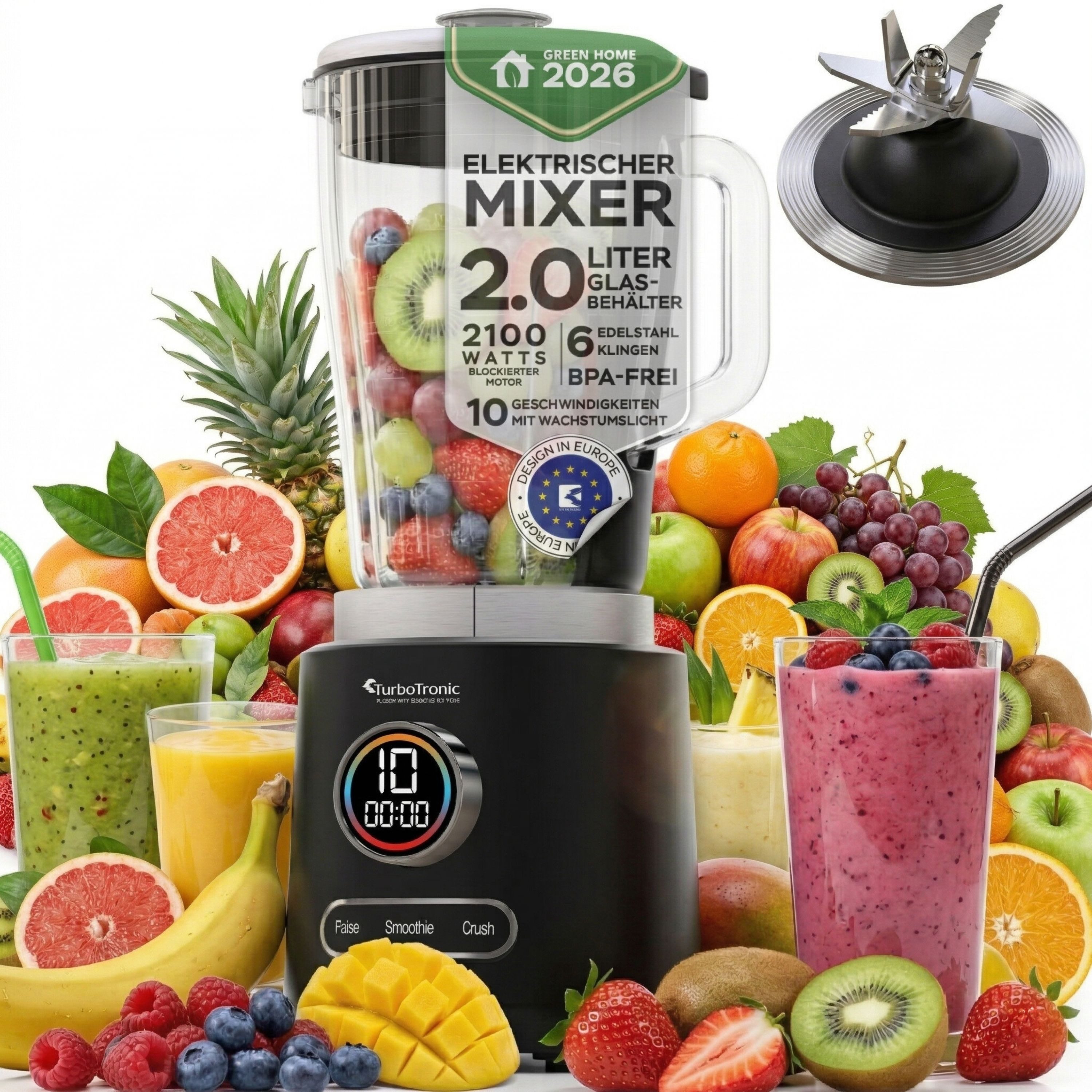 TurboTronic by Z-Line Standmixer Glas Edelstahl 2100 Watt Smoothie Maker Ice Crusher Profi Mixer 2,0L, 2100 W, Maker Ice Crush Funktion Milchshaker Blender Glas BPA FREI