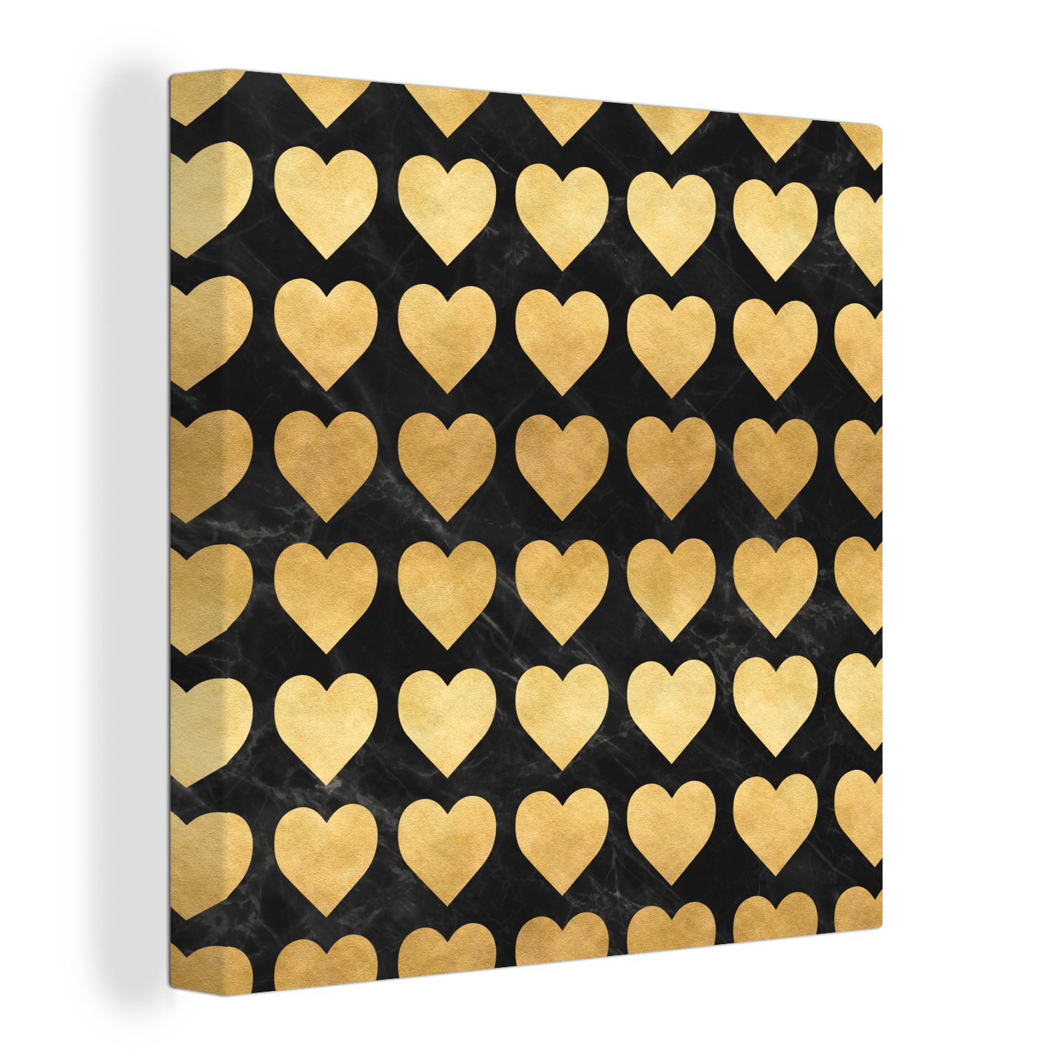 OneMillionCanvasses® Leinwandbild Muster - Herz - Gold - Schwarz, (1 St), Leinwand Bilder für Wohnzimmer Schlafzimmer