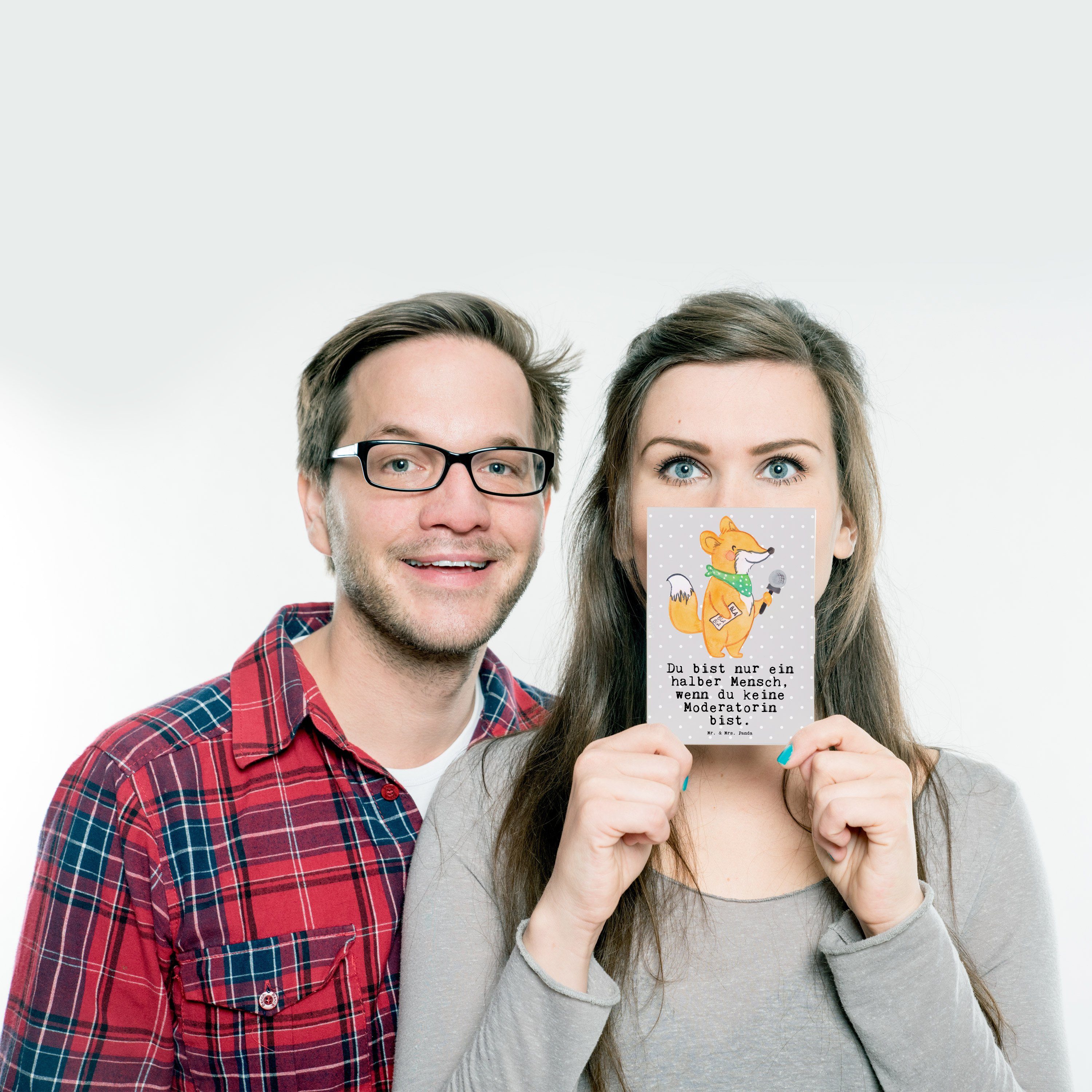 Mrs. Herz & Mr. mit Geschenk, Danke, Postkarte Panda Einladung, - Grau Pastell - Moderatorin Geb