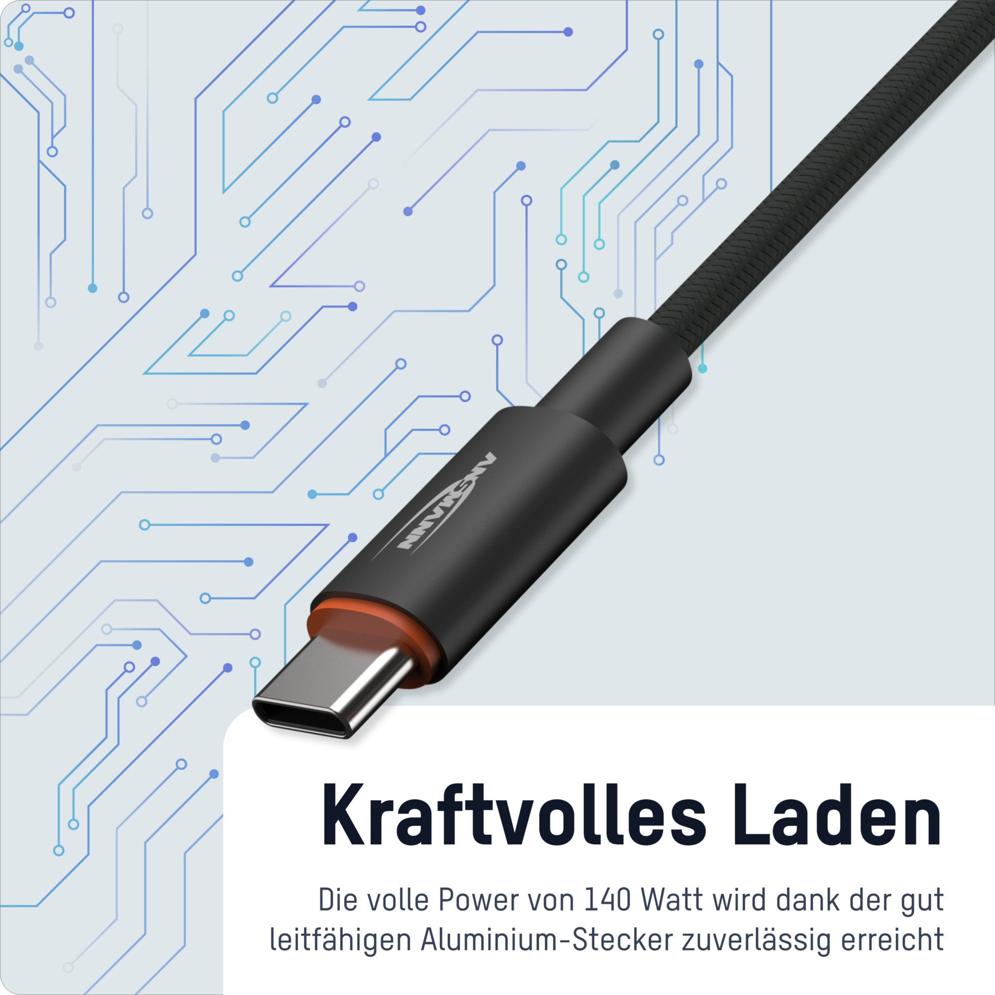 ANSMANN AG Ladekabel 60 cm USB Typ C mit bis zu 140 W Leistung USB-Kabel