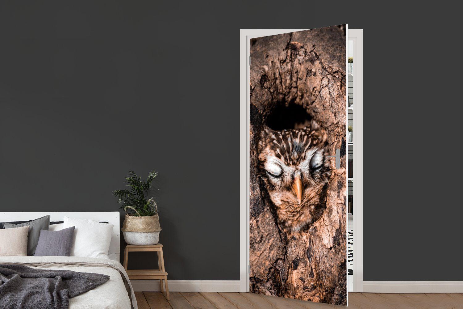 bedruckt, Tür, für Schlaf 75x205 (1 cm - MuchoWow Eule Türaufkleber, Baum, Türtapete - St), Matt, Fototapete