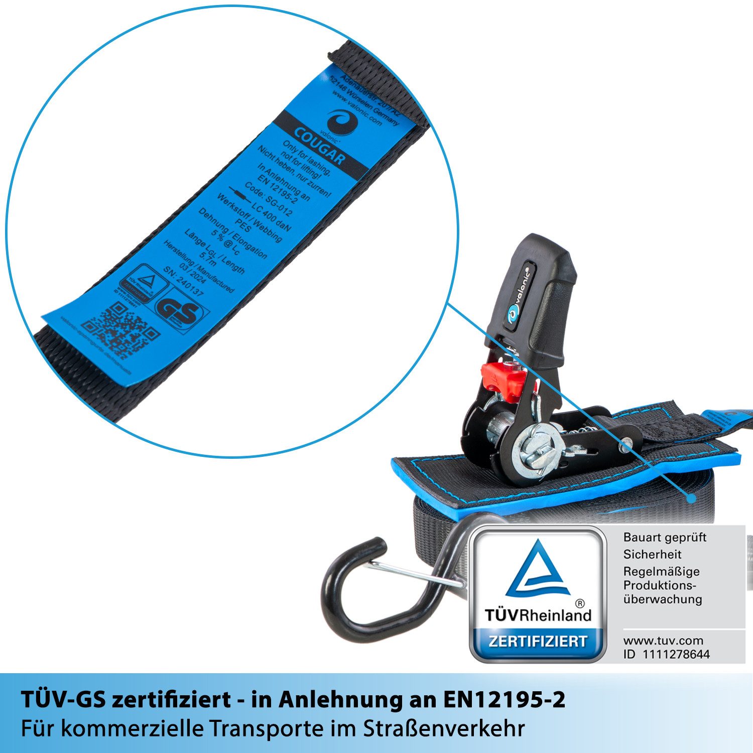 valonic Spanngurt Spanngurte Ratsche mit Haken SG-012 (2 Stück) - COUGAR !#Vater (2er Set, 2 Stück Ratschenspanngurt mit Haken 6m) Ratschengurt für SUP Board oder Kajak, Anhänger, Motorrad Transport