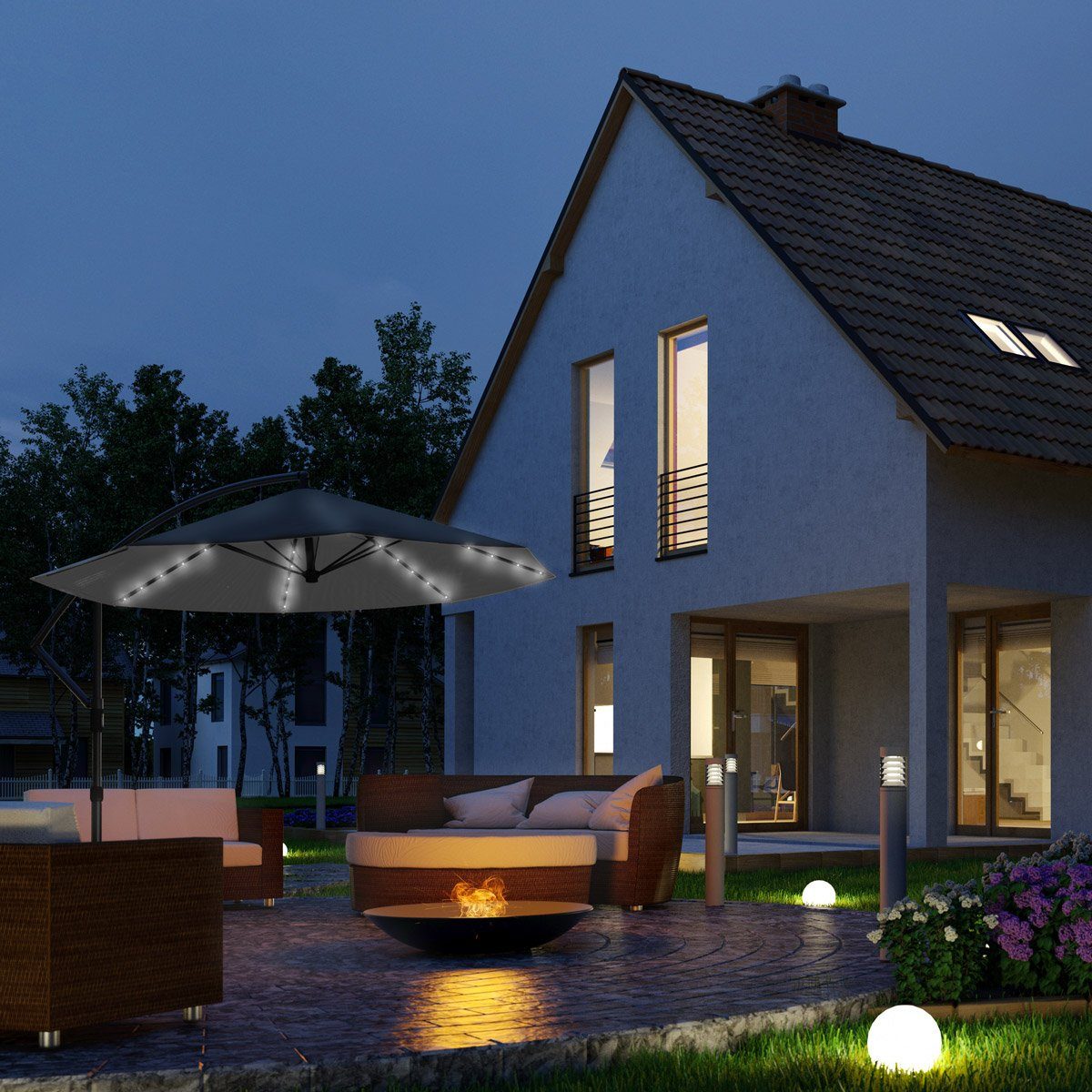 Kingsleeve Ampelschirm, LED Beleuchtung Solarbetrieben Neigbar Wasserabweisend