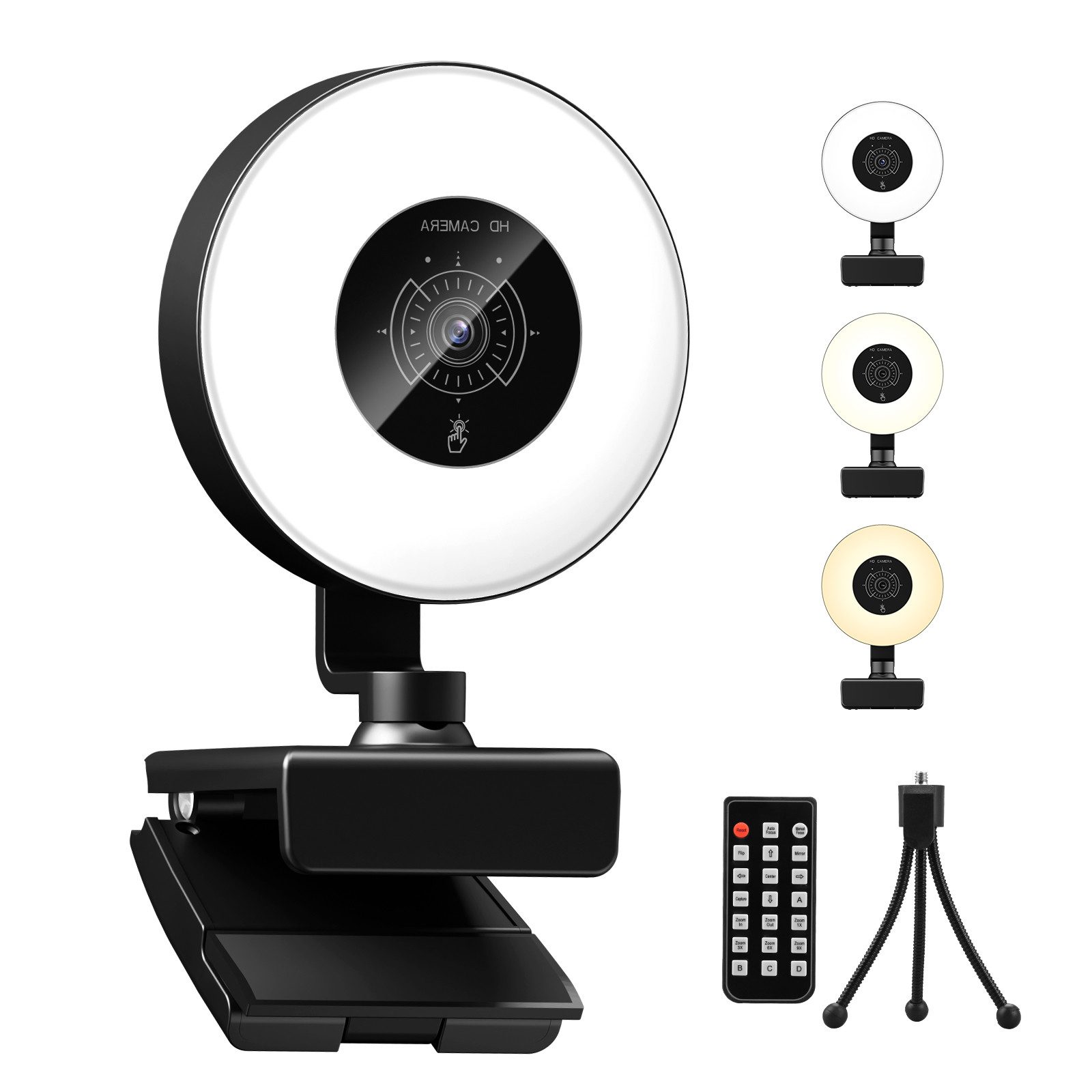 CkeyiN 4K Webcam mit Ringlicht PC Kamera Streaming Kamera 1080P 30FPS Full HD-Webcam (4K Ultra HD, 9x opt. Zoom, Autofokus 3 Lichtsmodi stufenlose Einstellung mit Mikrofon Stativ)