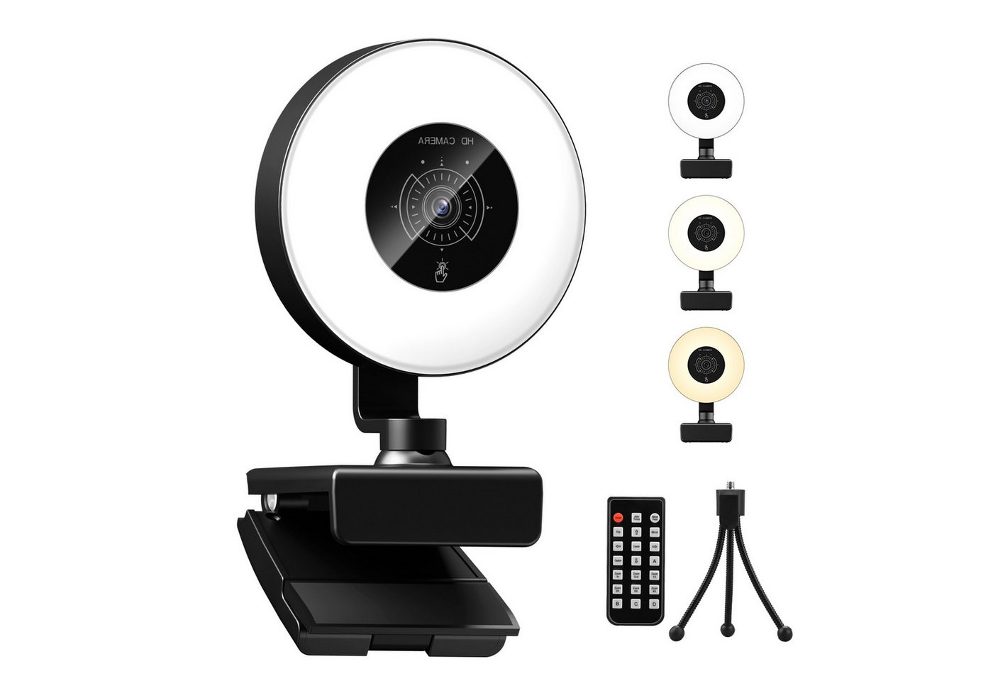 CkeyiN 4K Webcam mit Ringlicht PC Kamera Streaming Kamera 1080P 30FPS Full HD-Webcam (4K Ultra HD, 9x opt. Zoom, Autofokus 3 Lichtsmodi stufenlose Einstellung mit Mikrofon Stativ)