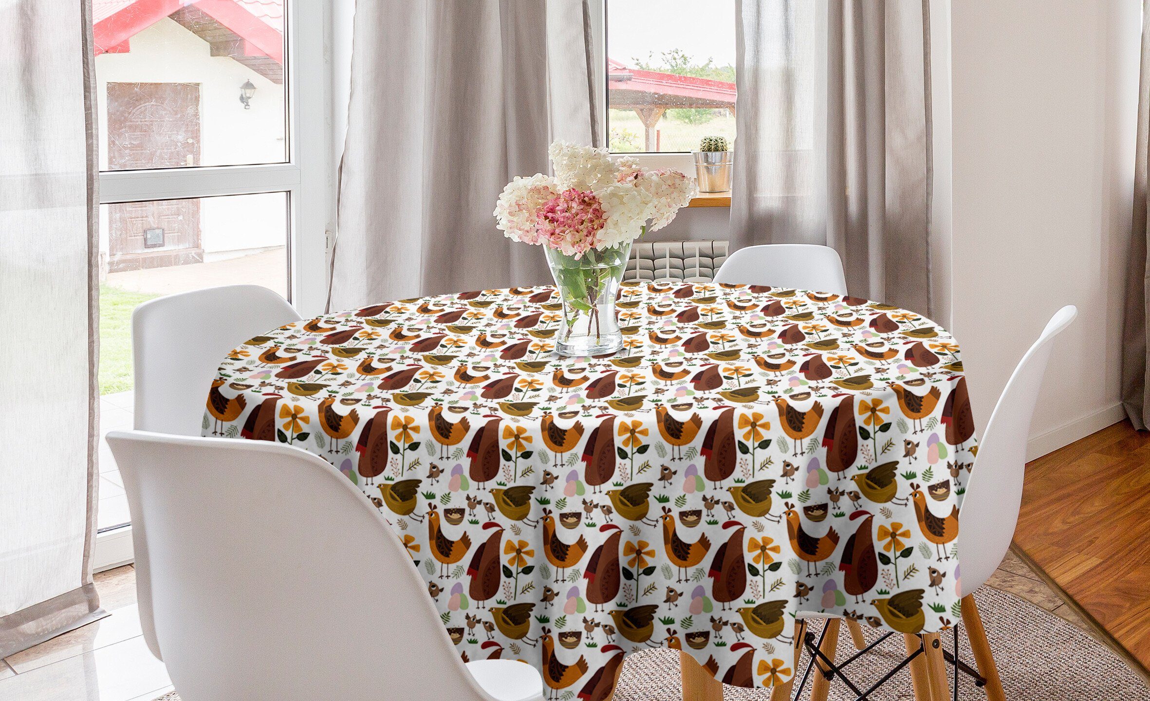 Abakuhaus Tischdecke Kreis Tischdecke Abdeckung für Esszimmer Küche Dekoration, Tier Lustiges Huhn Eier Blumen
