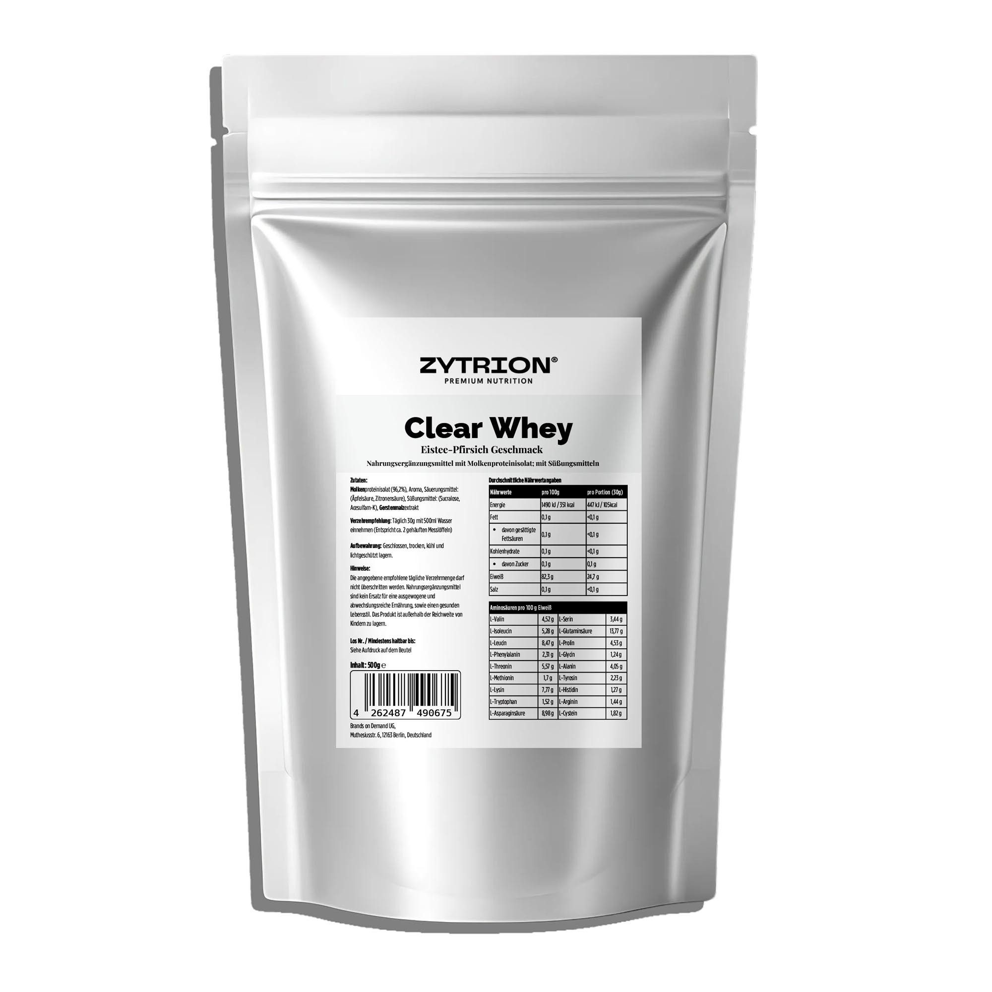 ZYTRION Clear Whey Protein 500 g – Eistee Pfirsich Geschmack, gut lösliches Pulver, 500 g, Eiweißhaltig für Getränke oder Speisen