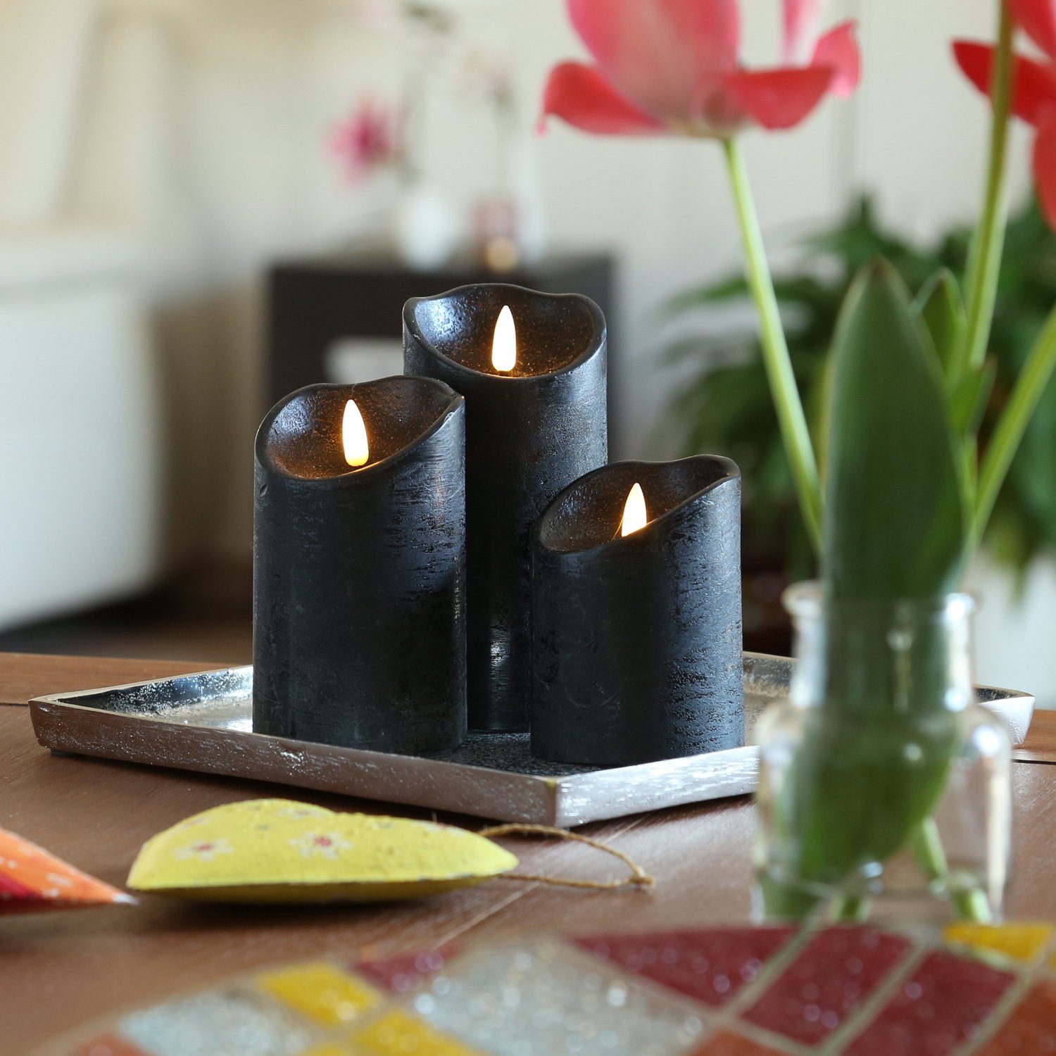 MARELIDA LED-Kerze LED Kerzenset Rustik Optik Echtwachs flackernd 3 Größen Timer schwarz (3-tlg)