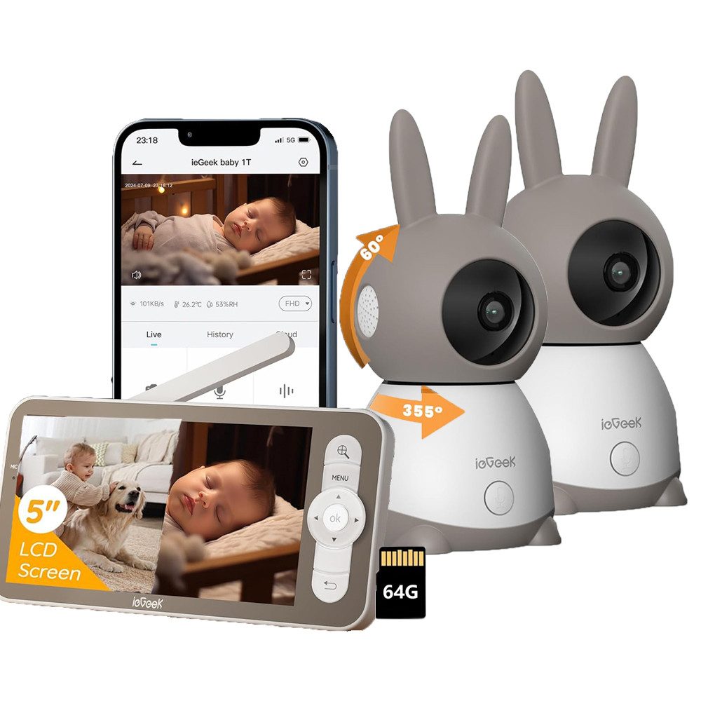 Video-Babyphone Babyphone mit Kamera 2K/3MP 5 Zoll WiFi Video Babyphone mit 64GB Karte