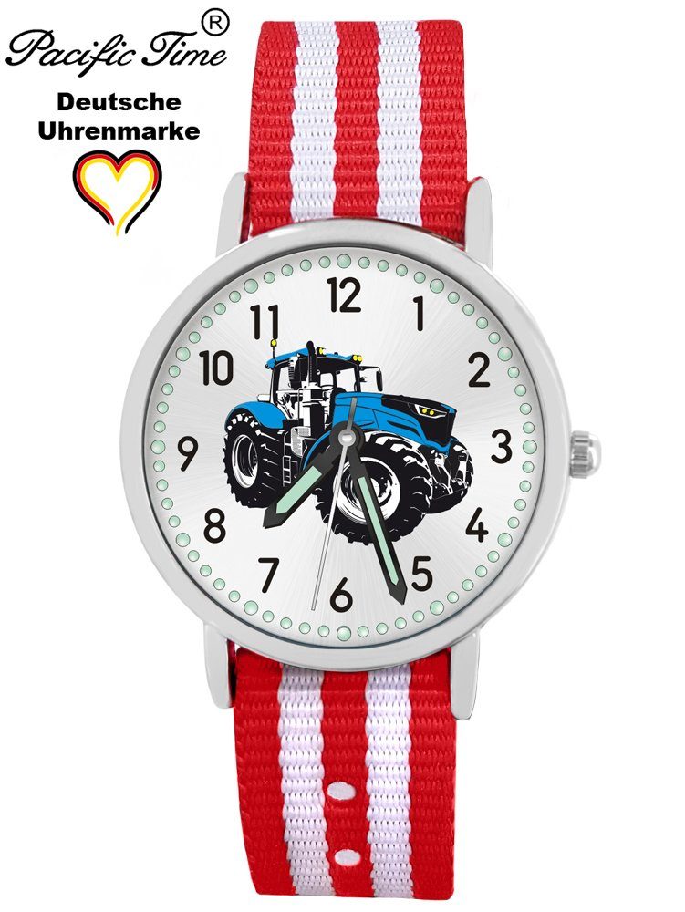Pacific Time Quarzuhr Kinder Armbanduhr Match Design Wechselarmband, weiß blau rot Traktor Gratis und Mix - gestreift Versand