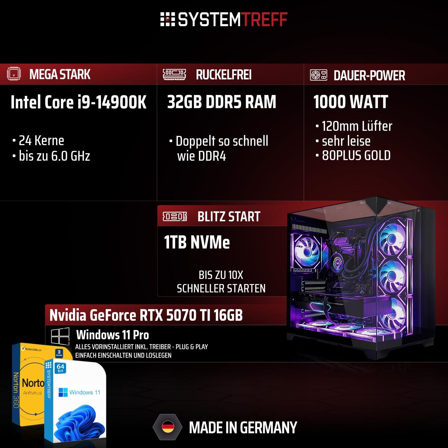 SYSTEMTREFF Intel Core i9-14900K mit Nvidia GeForce RTX 5070 TI 16GB Gaming-PC (Intel 14900K 14900K, Nvidia GeForce RTX 5070 Ti, 32 GB RAM, 1000 GB SSD, Wasserkühlung)