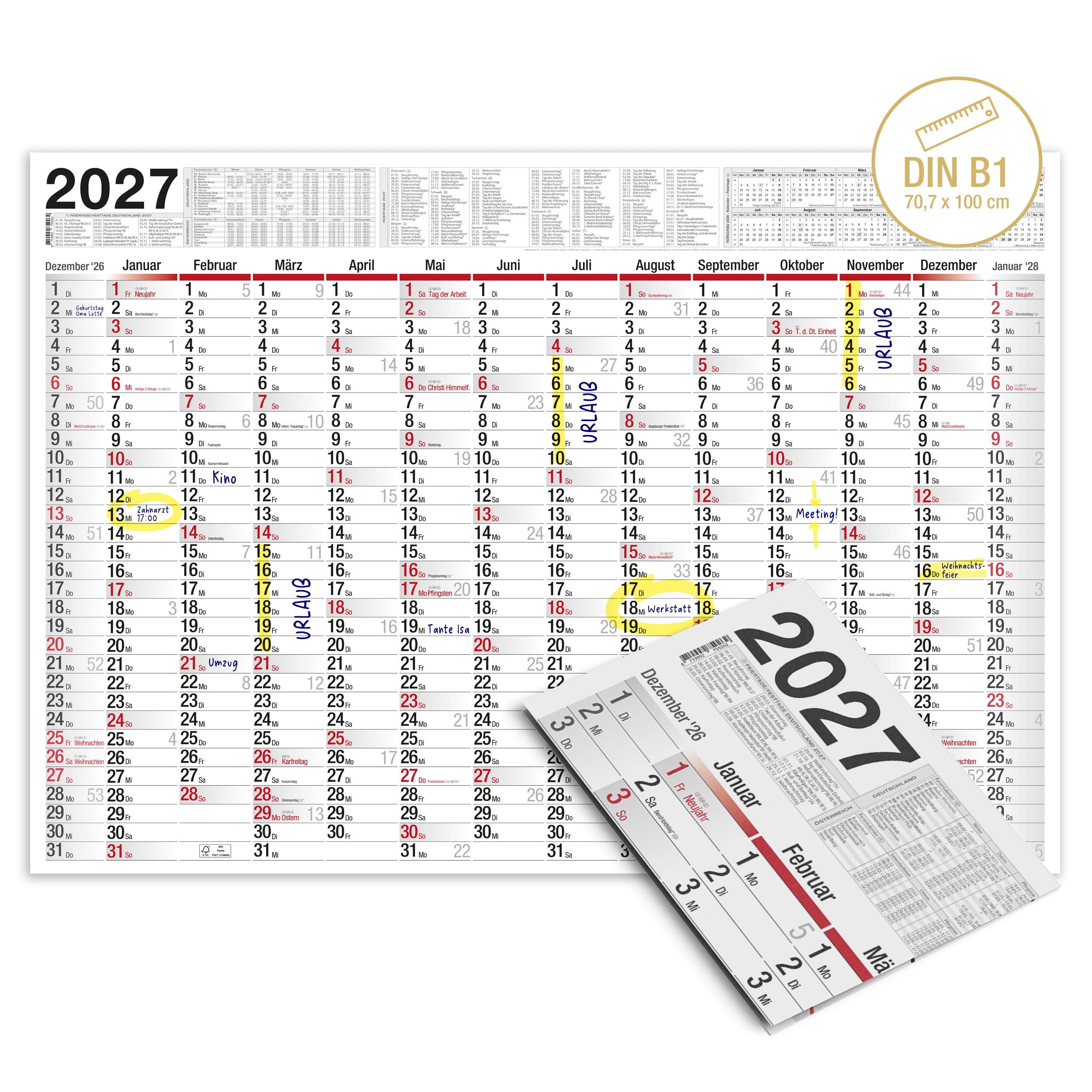 TOBJA Wandkalender Wandkalender 2027 XXL B1 Gefalzt 70x100 cm Jahresplaner, 14 Monate, Ferien DE/AT, KW, FSC, gefalzt