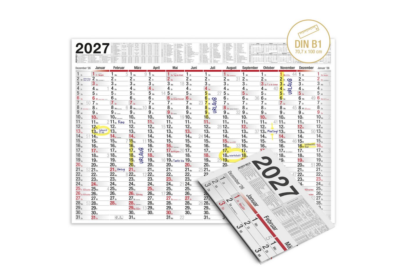 TOBJA Wandkalender Wandkalender 2027 XXL B1 Gefalzt 70x100 cm Jahresplaner, 14 Monate, Ferien DE/AT, KW, FSC, gefalzt