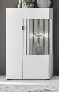 Furn.Design Standvitrine Merced (Highboard in weiß mit schwarz, 57 x 125) Soft-Close, mit Staboptik