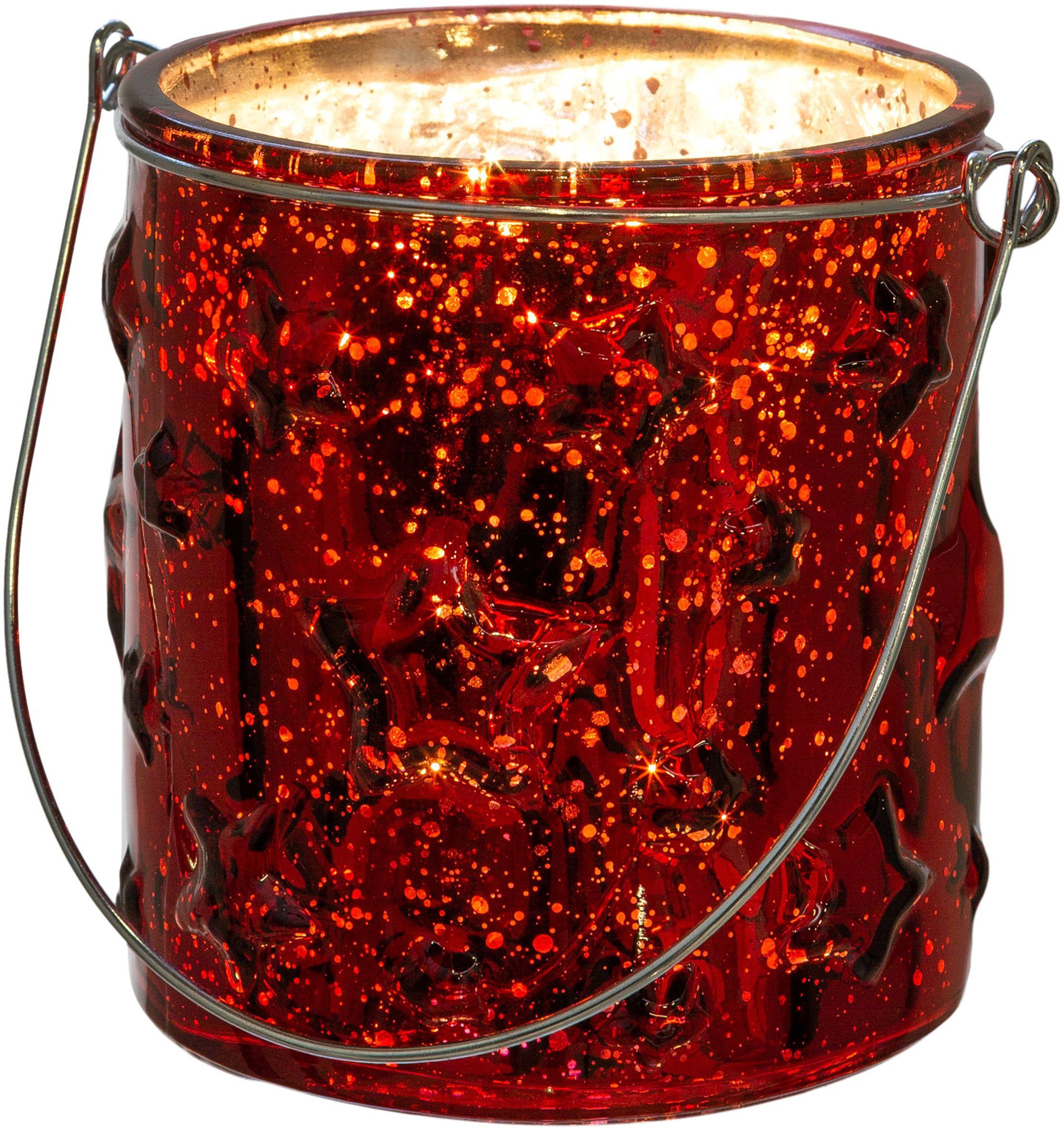 (4 St), Glas Creativ deco Stern-Struktur mit Windlicht rot Weihnachtsdeko