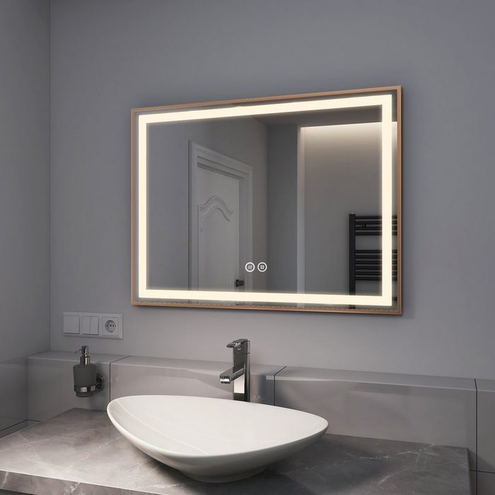 EMKE Badspiegel Badspiegel mit Beleuchtung Spiegel mit LED Badezimmerspiegel mit Beschlagfrei Dimmbar Goldener Rahmen 70-100cm