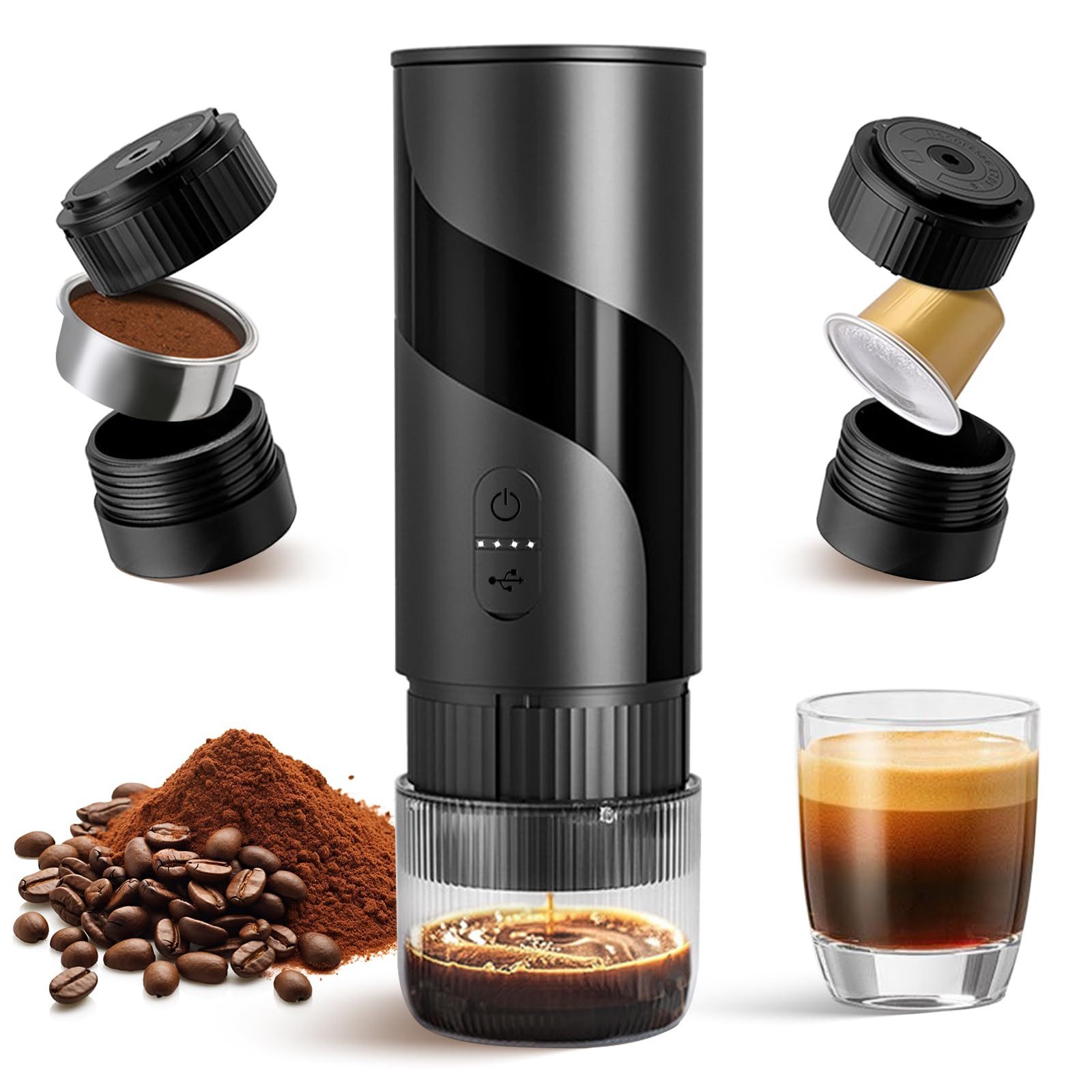 Tekoo Reisekaffeemaschine Tragbare Espressomaschine 20 Bar Akku, für Kapsel & Pulver, USB-C, Dauerfilter Spezialgröße, 20 Bar Pumpendruck, 2-in-1 System für Kapseln und Pulver, Kompaktes