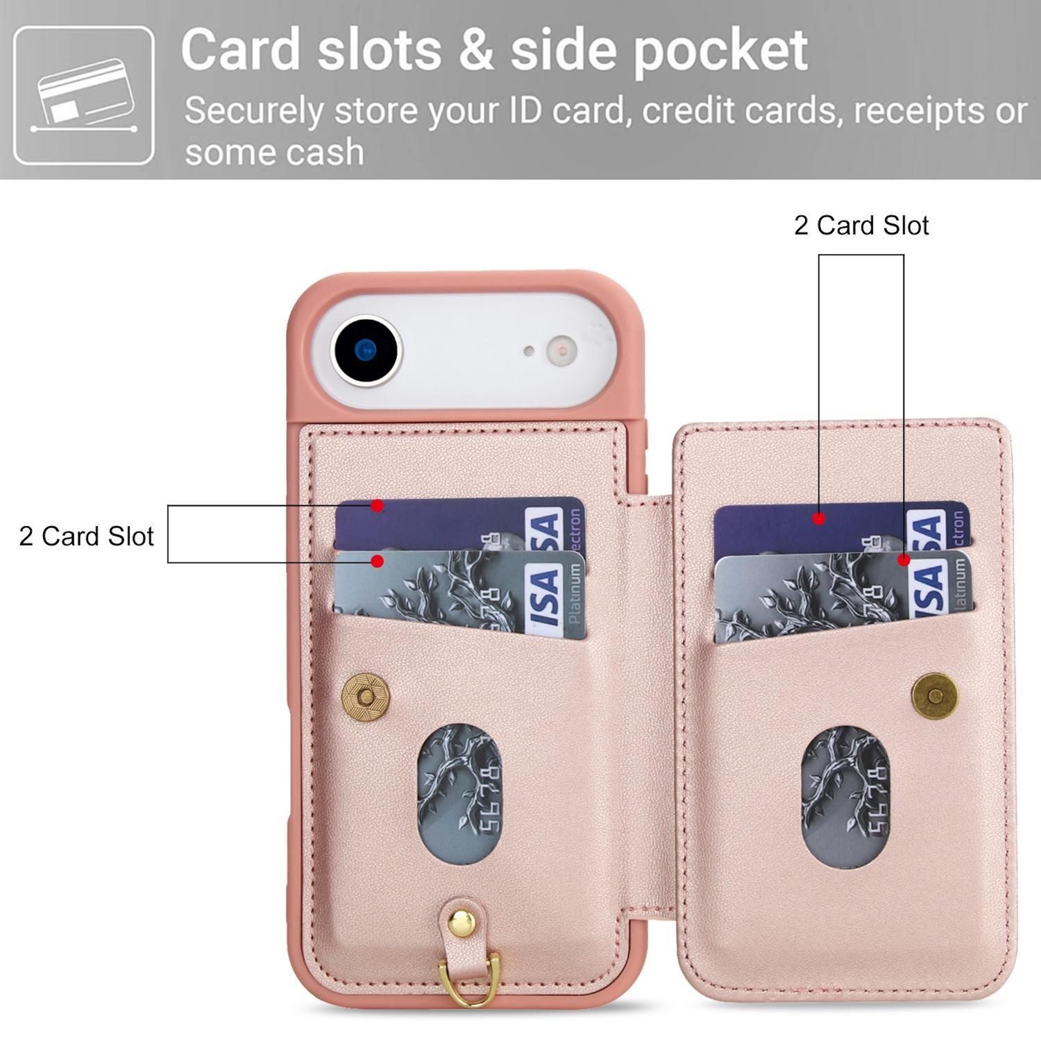Wigento Handyhülle Für Apple iPhone 17 Air Crossbody Kunstleder Blumen Hülle Rose Gold, Mit Kartenfächern, Gurt, Kickstand-Funktion