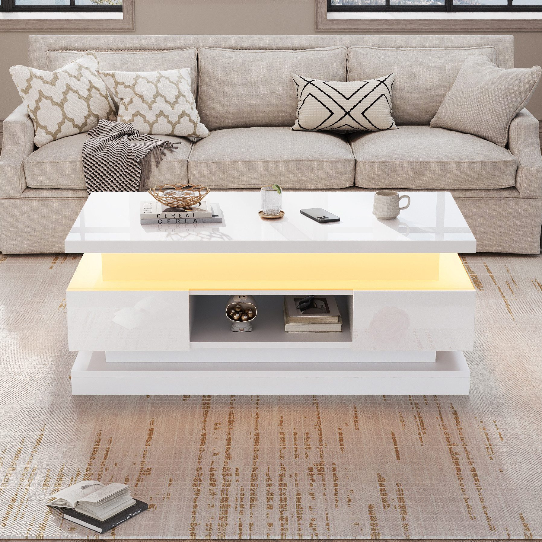 Merax Couchtisch hochglanz Sofatisch höhenverstellbar Beistelltisch mit LED & USB (1-St., 1 Tisch), Wohnzimmertisch mit Stauraum und 2 Schubladen, 100x50x40cm