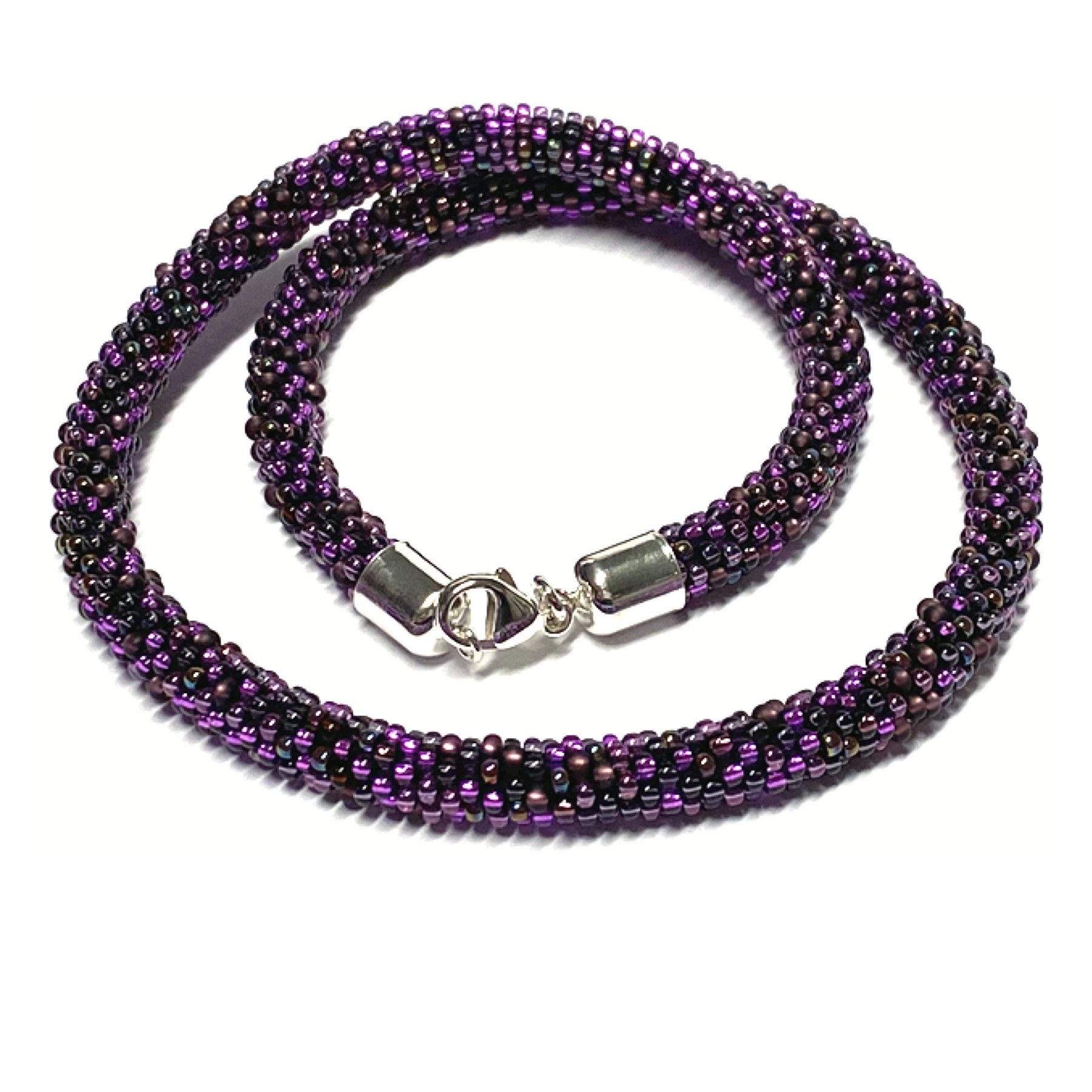 Kette ohne Anhänger Halskette Glasperlen 925 Silber Schließe Häkelkette 51cm lila violett