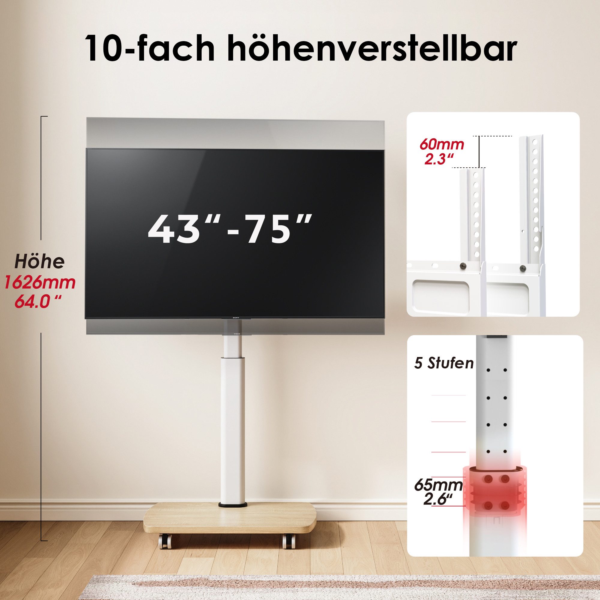 AOKCOS TV-Ständer, (bis 75 Zoll, mit Holzbasis)