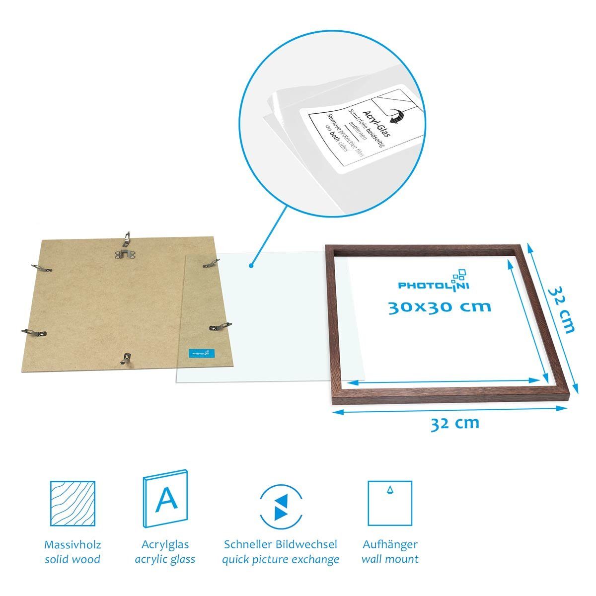 PHOTOLINI cm, 30x30 Passepartout Bilderrahmen mit Set Echtholz cm 4er dunkel 20x20 Eiche Acrylglas
