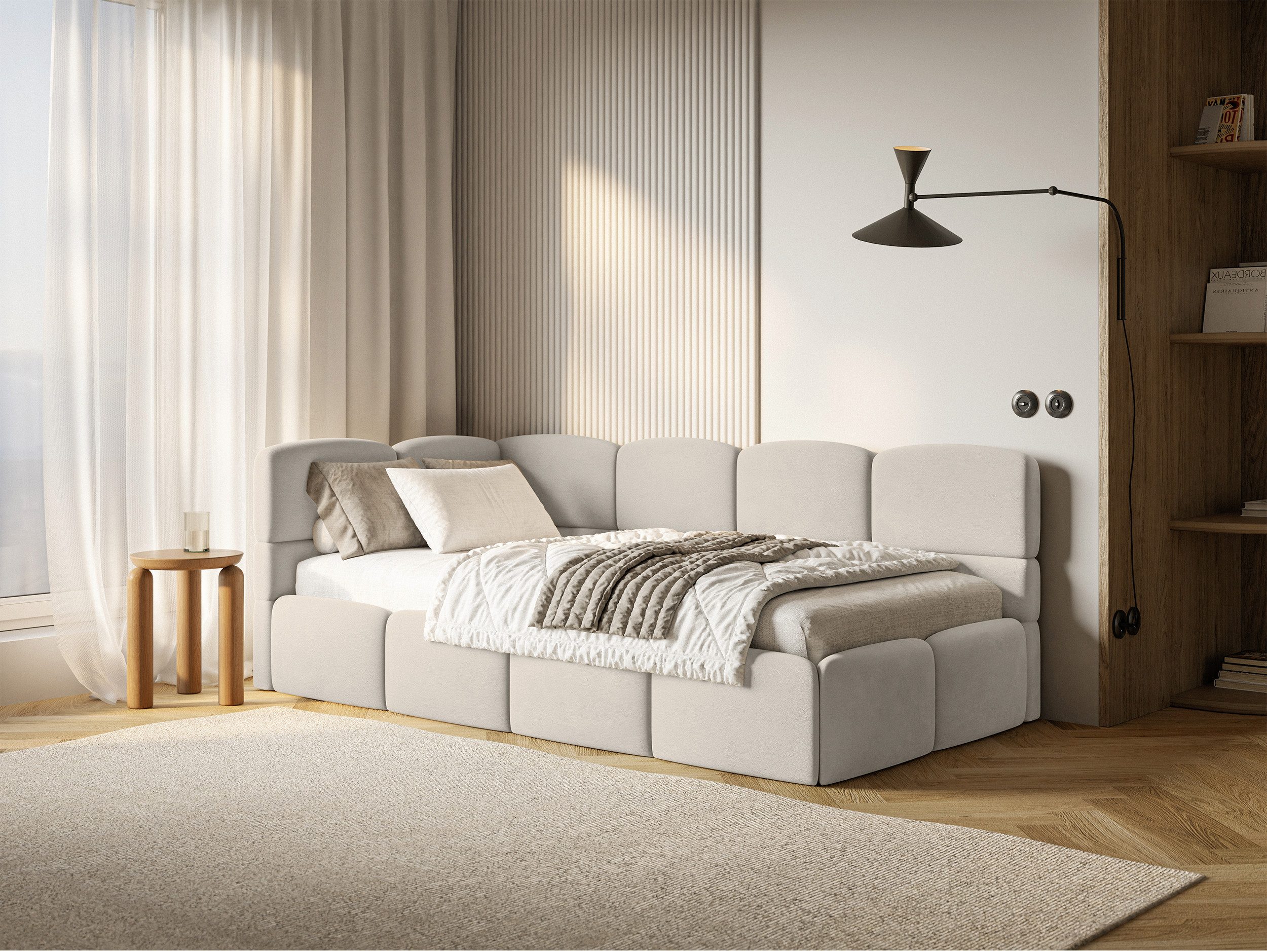 Selsey Jugendbett CLOUDY, mit Eck-Kopfteil, Lattenrost, Bettkasten und Easy-Clean-Samt, 120 cm