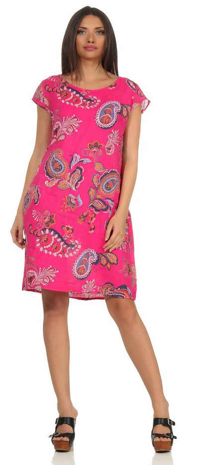 Mississhop Sommerkleid Damen Leinenkleid Kleid 100% Leinen Blumenprint M.328