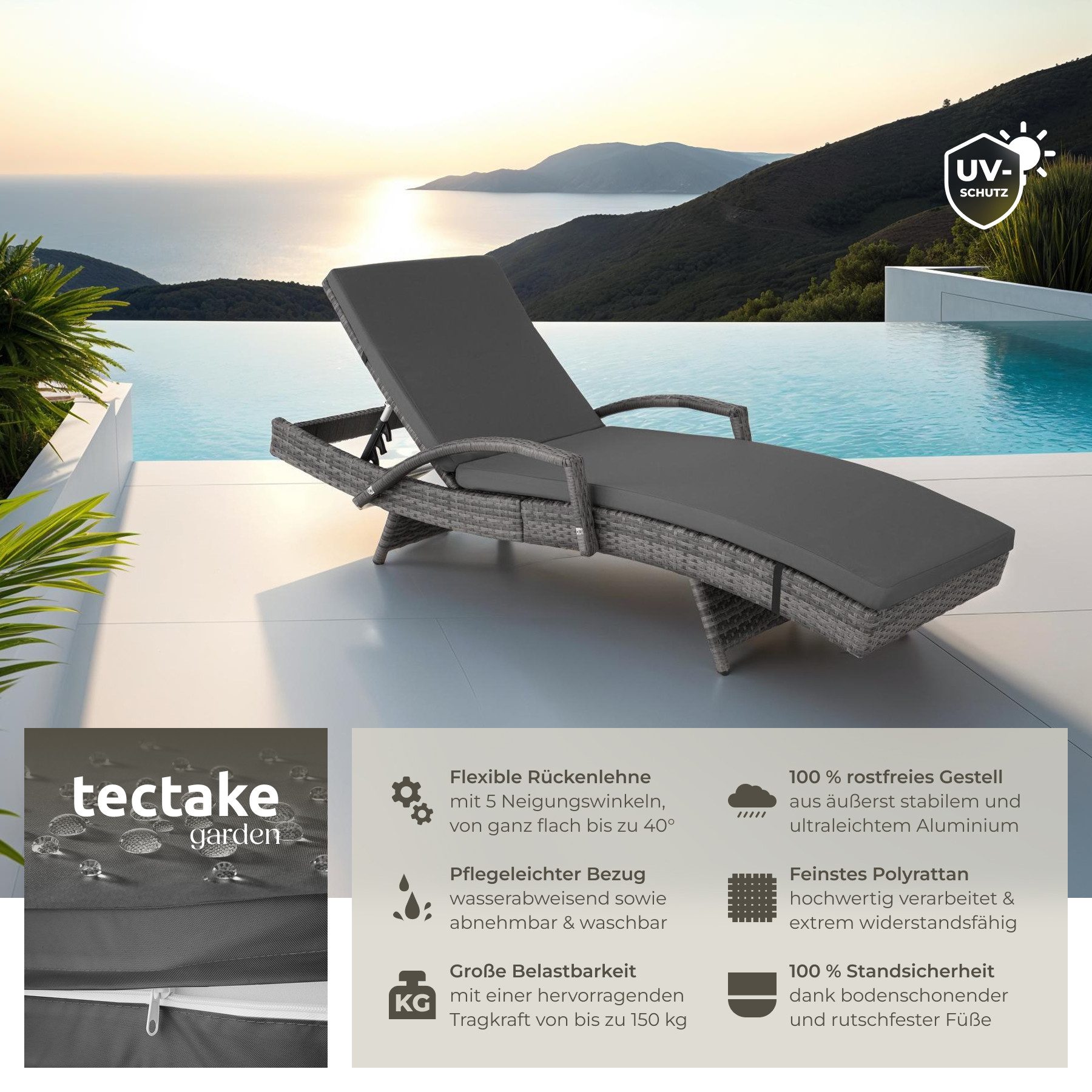 tectake Gartenliege Rattan Sonnenliege, 1 St., günstig online kaufen