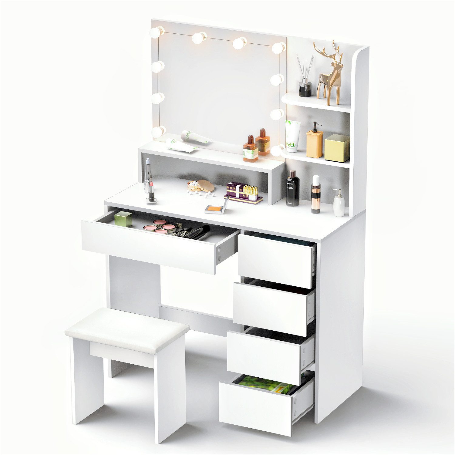 OULENBIYAR Schminktisch Schminktisch mit LED-Beleuchtung, Spiegel und Hocker, 94x40x140 cm (Set, mit 5 Schubladen), Frisiertisch Kosmetiktisch Hollywood