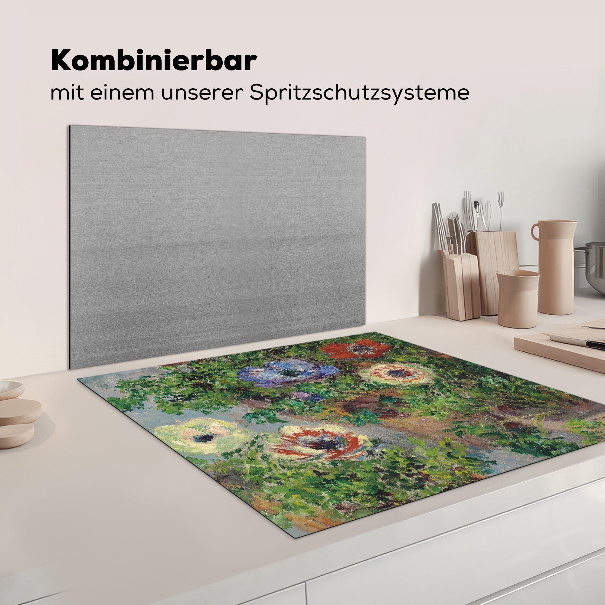 von - für tlg), MuchoWow Herdblende-/Abdeckplatte Anemonen Arbeitsplatte (1 Glas einem Claude Ceranfeldabdeckung, 78x78 küche Monet, Gemälde cm, in Vinyl,