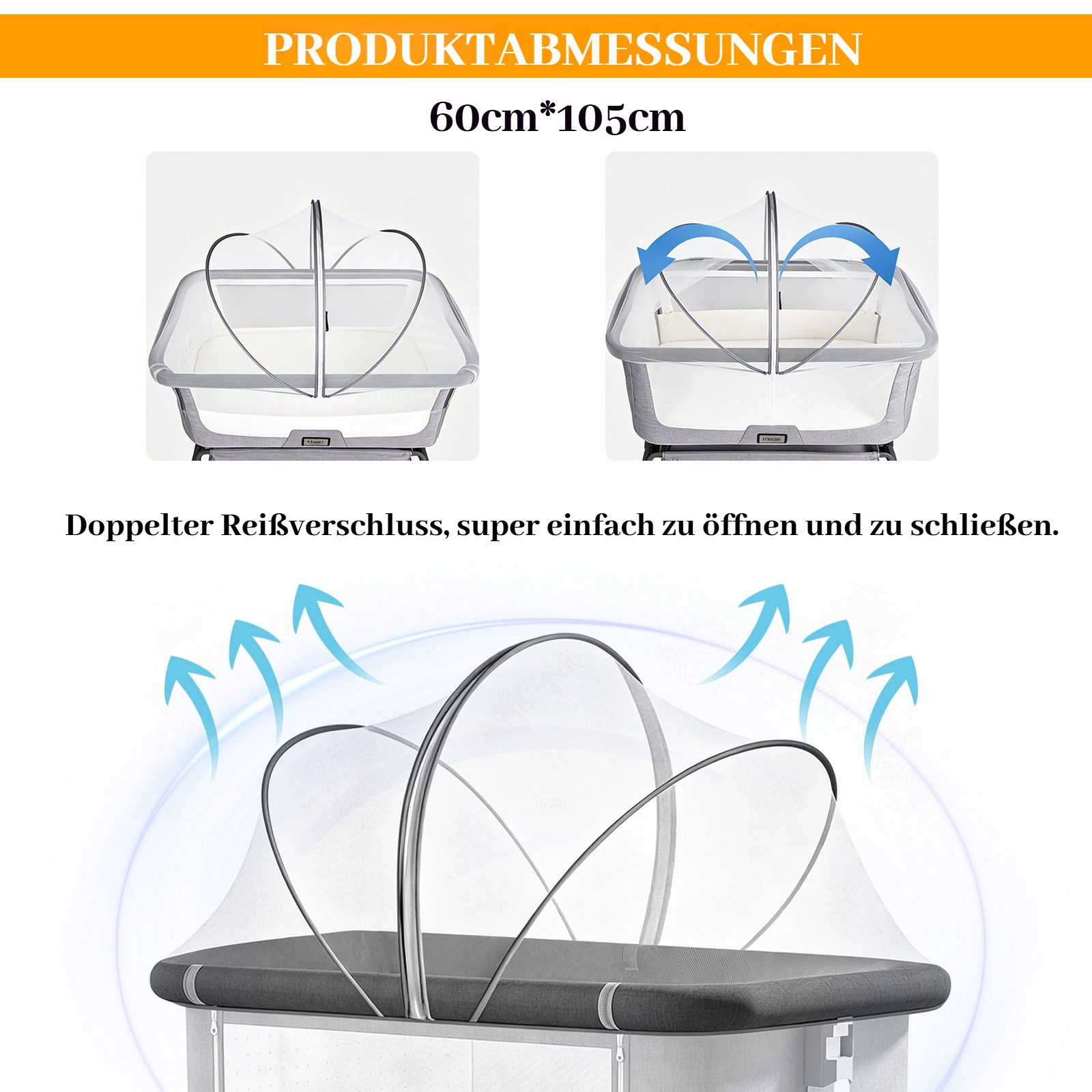BlingBin Moskitonetz Atmungsaktives stabiles Moskitonetz mit umlaufendem Reißverschluss, (1 Stück, 1 St., 105 × 60 cm), waschbar passend für Kinderbett, Reisebett und Beistellbett