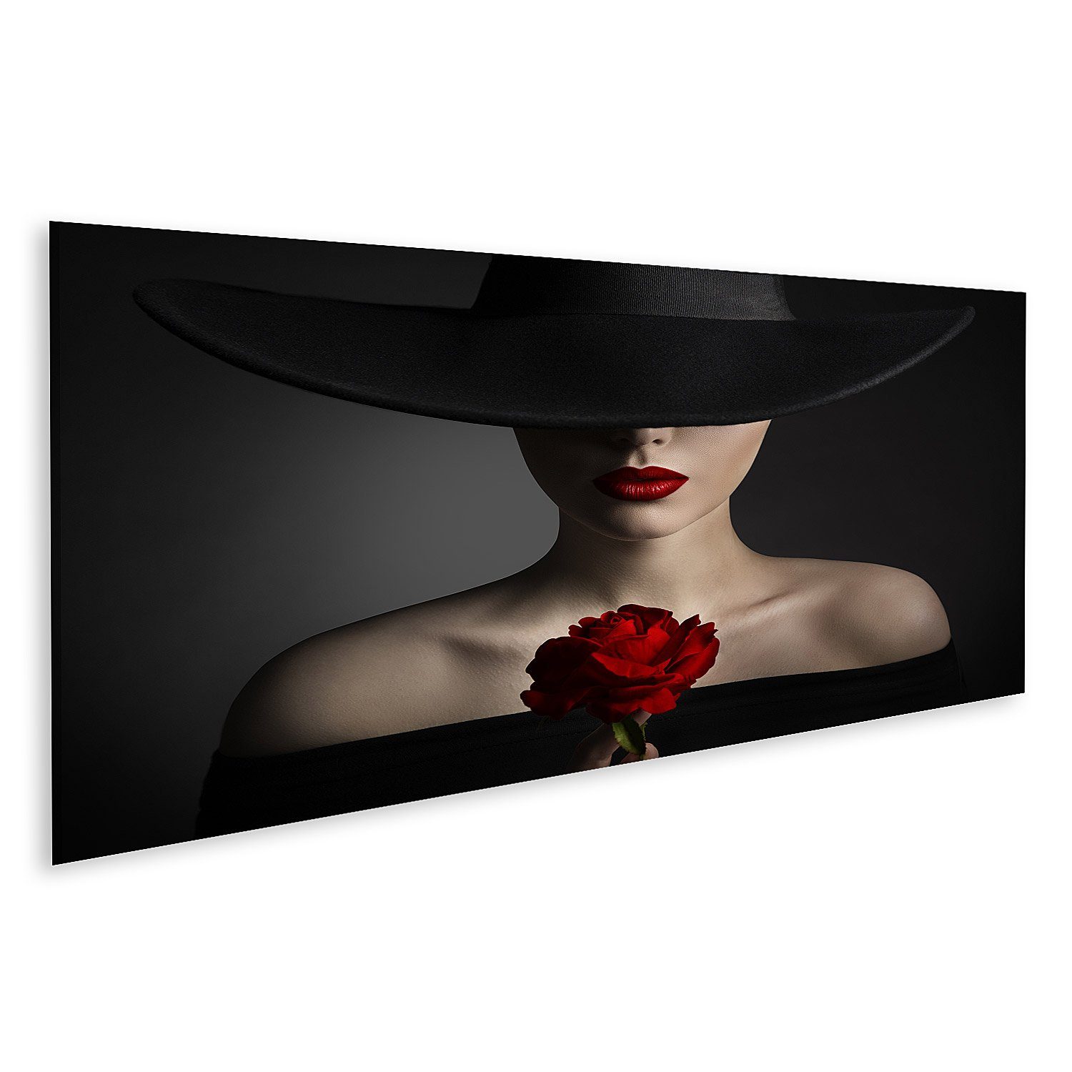 islandburner Leinwandbild Bild auf Leinwand Rote Rose Blume Frau Lippen Schwarzer Hut Mode Model