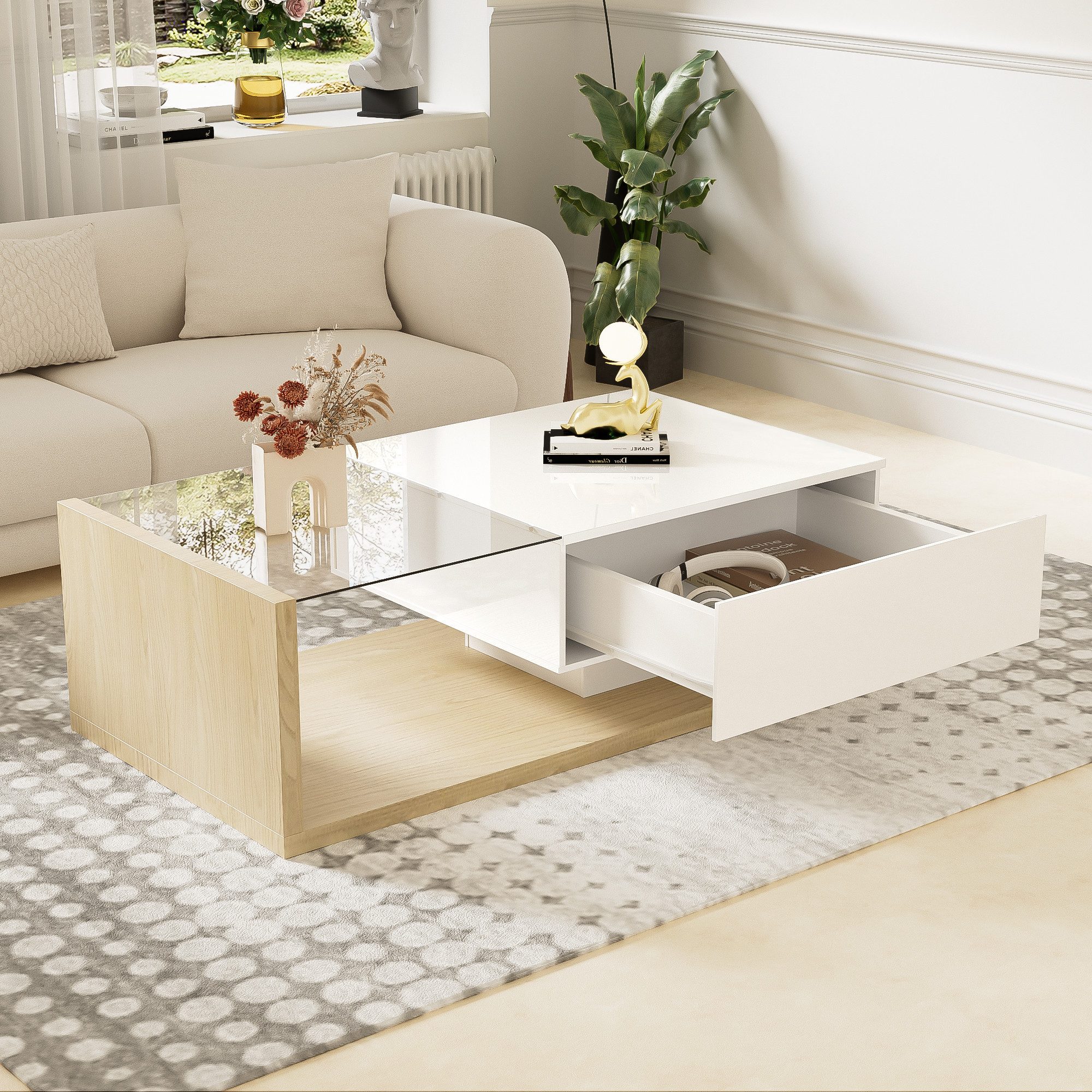 Merax Couchtisch mit Schublade und Glastischplatte, günstig online kaufen