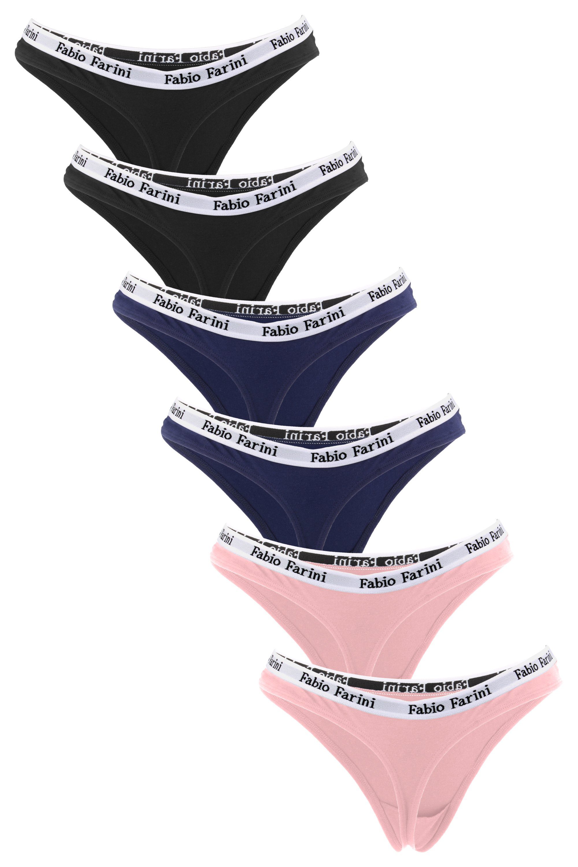 Designerbündchen Unterhosen String Schwarz/Dunkelblau/Rosa 6-St) im Tanga - mit (Packung, aus Baumwolle Farini Frauen Fabio Damen Look sportlichen