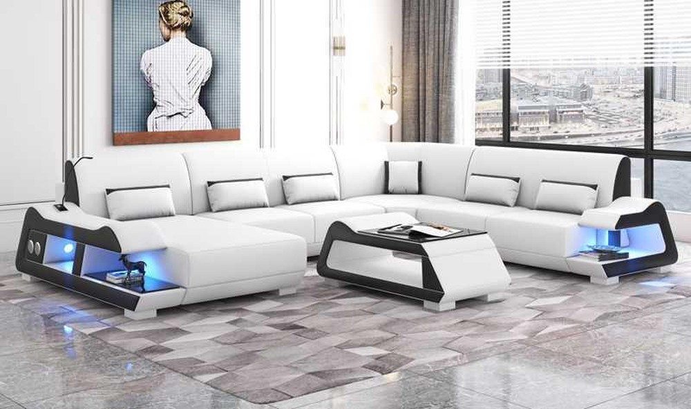 Ecksofa Moderne Wohnlandschaft in Beige mit LED-Beleuchtung und Ottomane