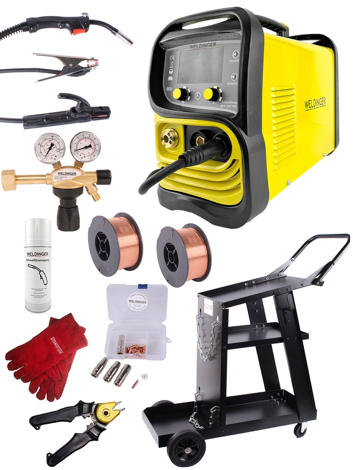 WELDINGER Schutzgasschweißgerät MIG/MAG-Schweißinverter MEW 200 SYNeco Trolley Regler Fixzange Zubehör, 10 - 200 A, 13-tlg., Umpolfunktion, Displaybeleuchtung