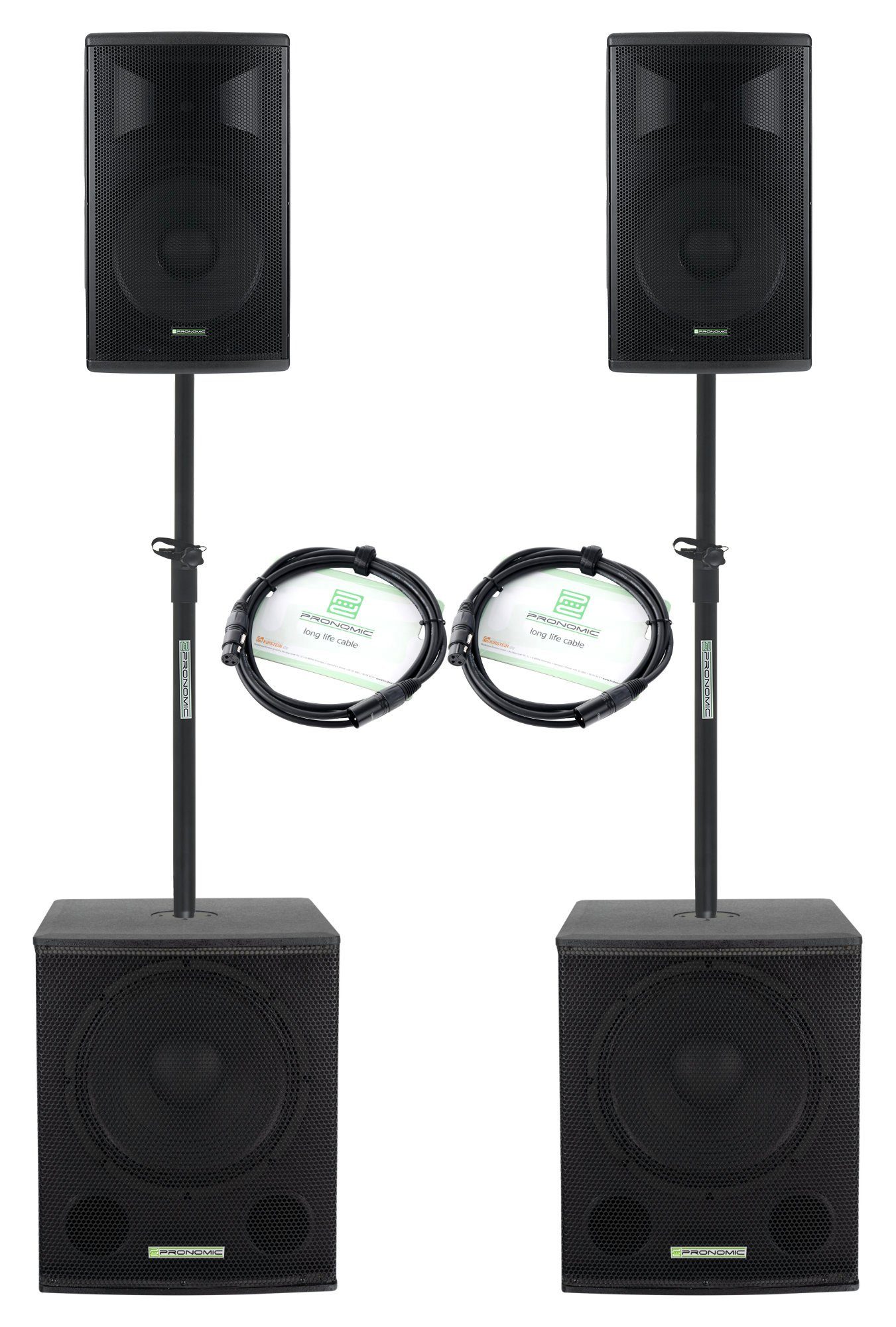 Pronomic Powerstage Economy 1510 2.2 Aktiv-PA-Set 800 W RMS Lautsprecher (100 W, mit 2x 15"-Subwoofer und 2x 10"-Satelliten inkl. Distanzrohre & Kabel)