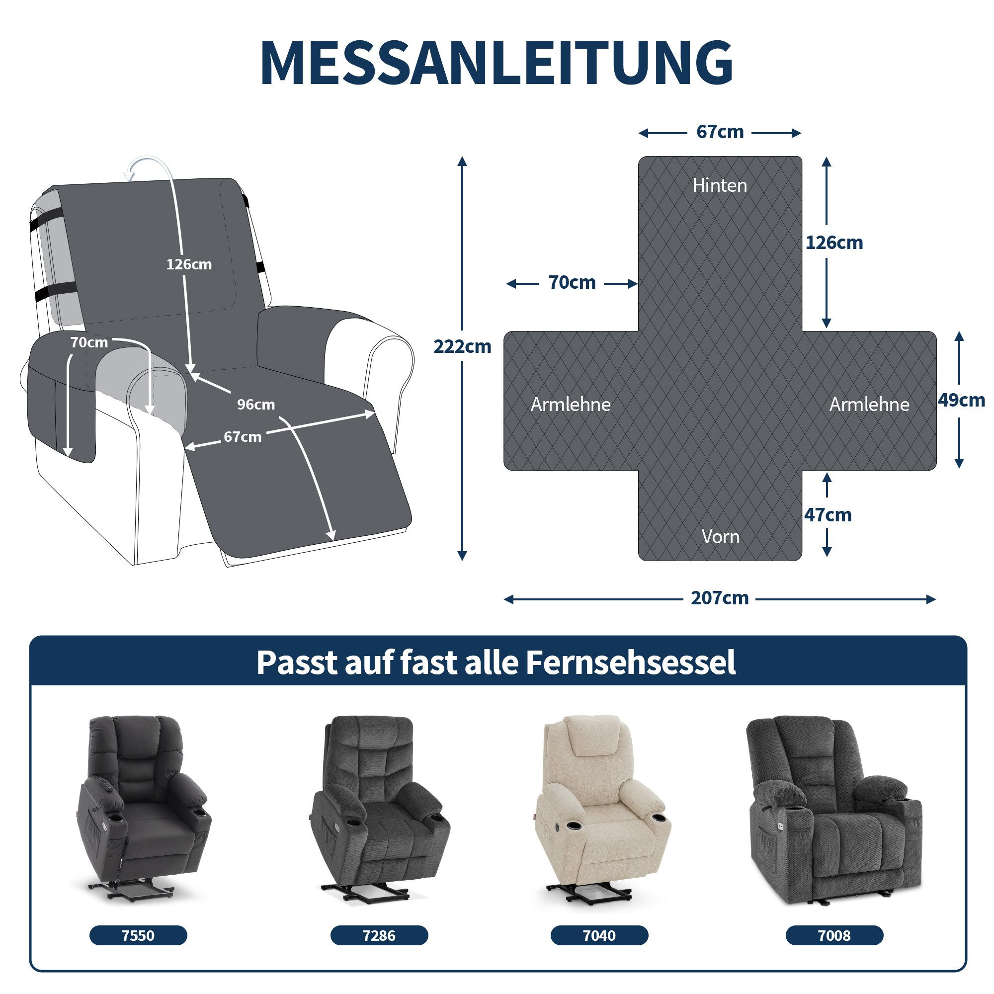 MCombo Sofabezug M MCombo Sesselschoner für Relaxsessel C1833, Wasserdicht & Anti-Rutsch, mit Armlehne & Taschen – Bild 2 von 5