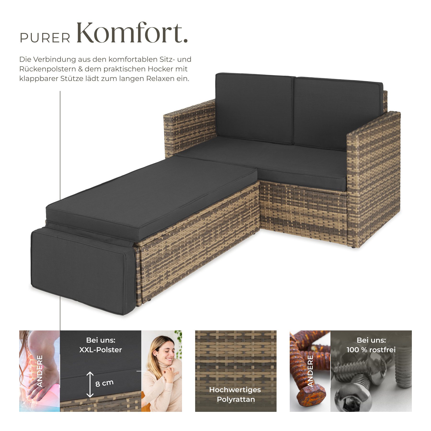tectake Loungeset Rattan Lounge, Hocker mit klappbarer Stütze, (Gartenlounge Korfu, 2-tlg., in natur), 2-Sitzer, widerstandsfähig, UV-beständig, Dicke der Polster 8 cm